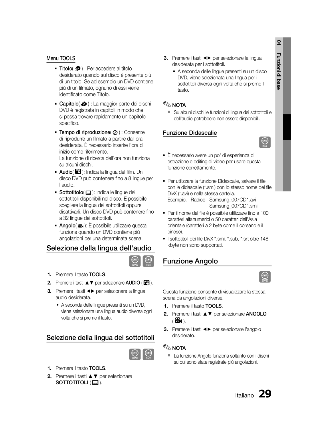 Samsung HT-E355/ZF Selezione della lingua dellaudio, Selezione della lingua dei sottotitoli, Funzione Angolo, Menu Tools 