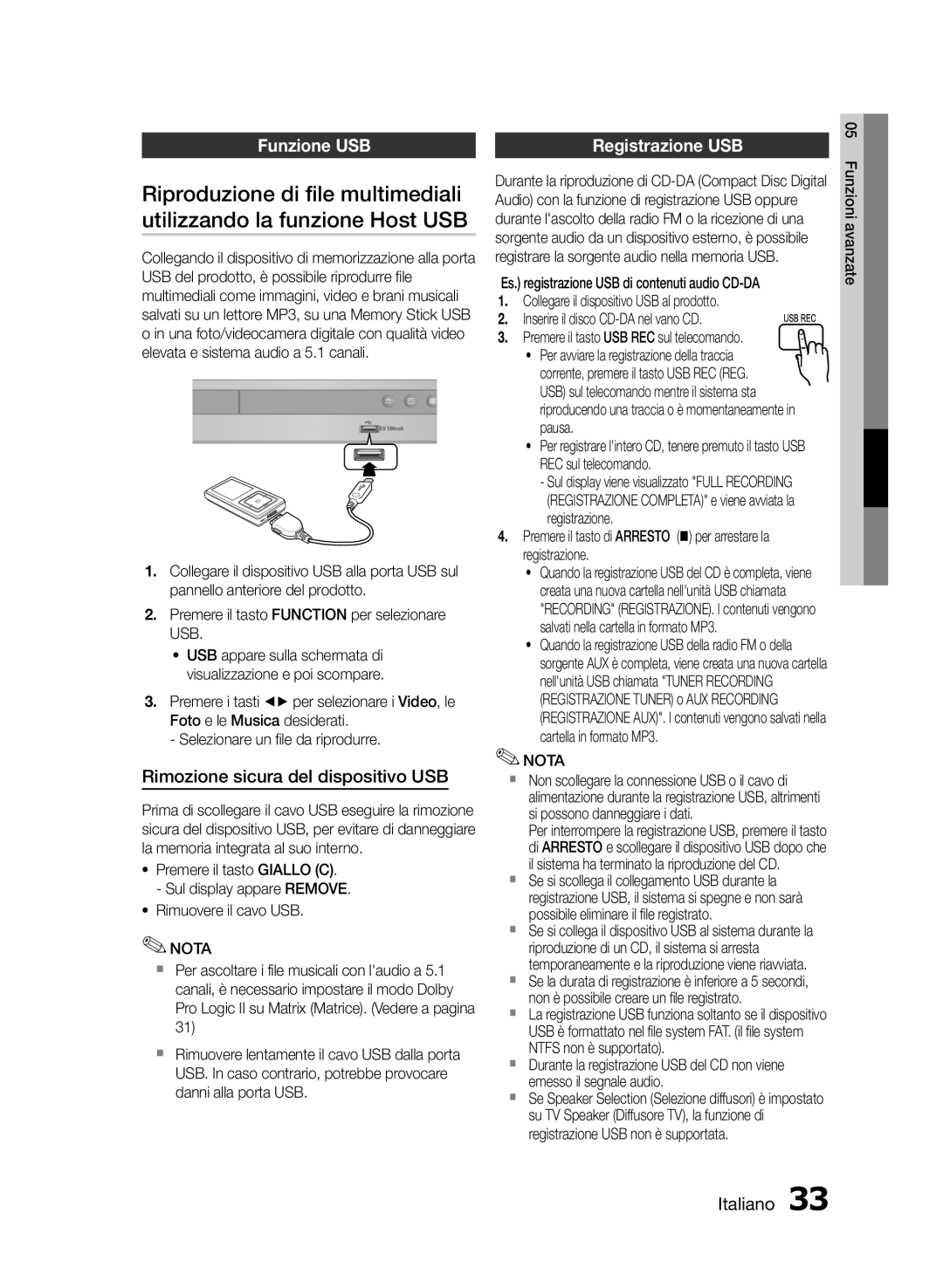 Samsung HT-E350K/ZN Riproduzione di file multimediali, Utilizzando la funzione Host USB, Funzione USB Registrazione USB 