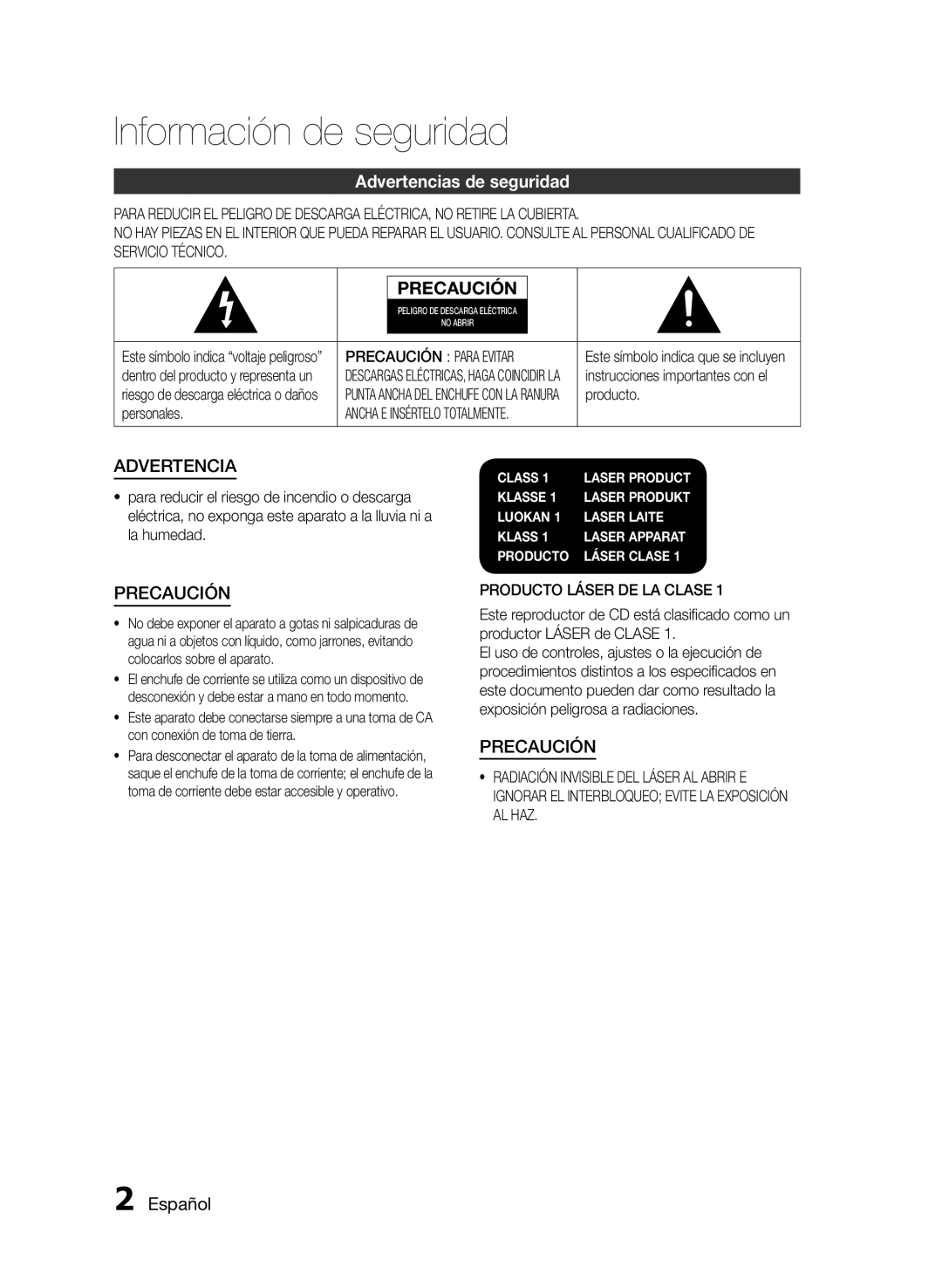 Samsung HT-E350/ZF, HT-E355/ZF manual Información de seguridad, Advertencias de seguridad, Español, Precaución Para Evitar 