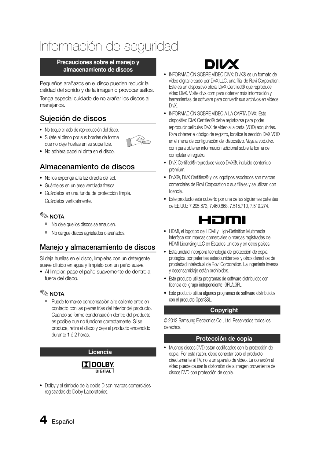 Samsung HT-E350K/ZN, HT-E350/ZF, HT-E355/ZF Sujeción de discos, Almacenamiento de discos, Manejo y almacenamiento de discos 