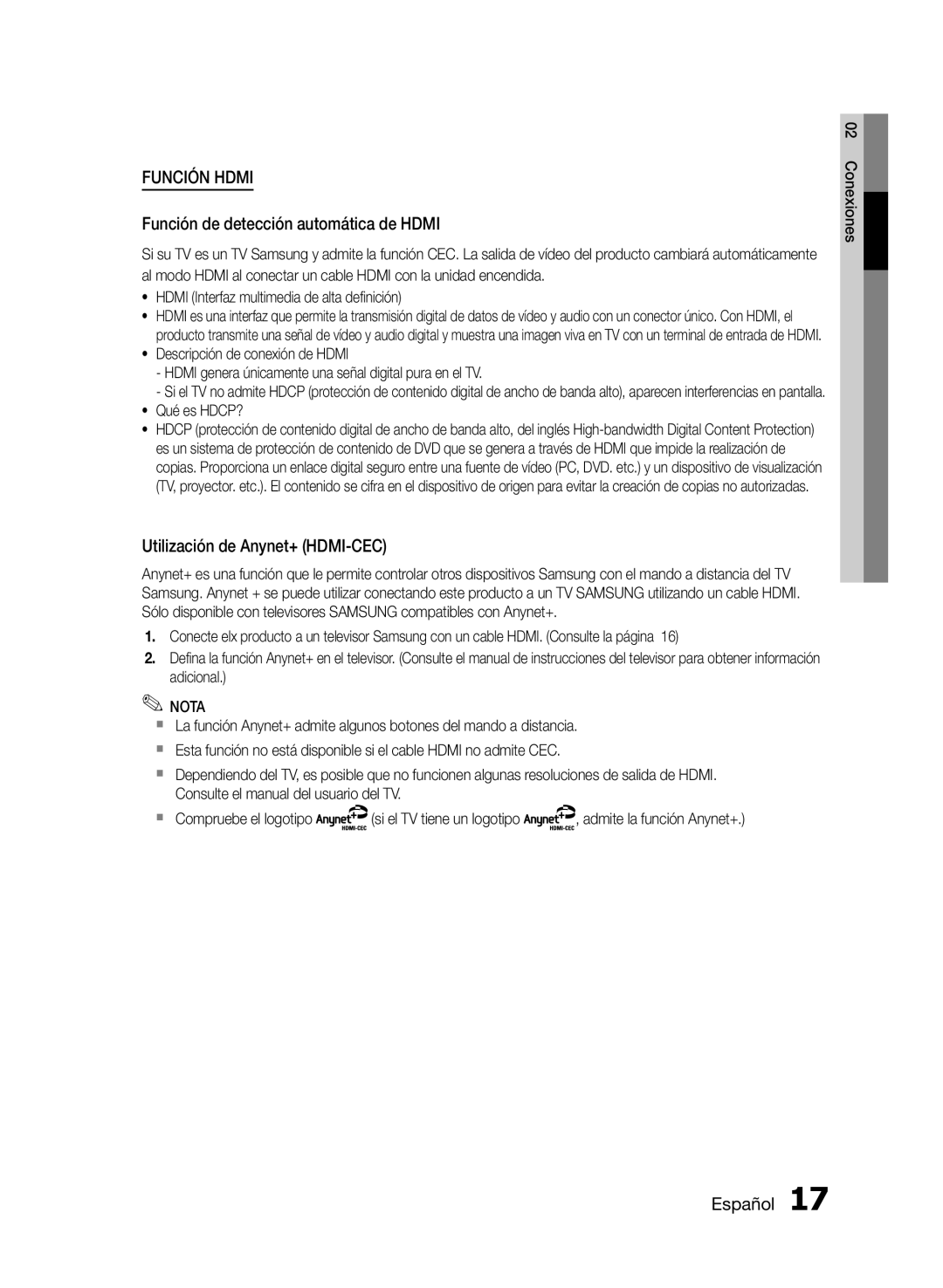 Samsung HT-E350/ZF, HT-E355/ZF manual Función de detección automática de Hdmi, Utilización de Anynet+ HDMI-CEC, Qué es HDCP? 