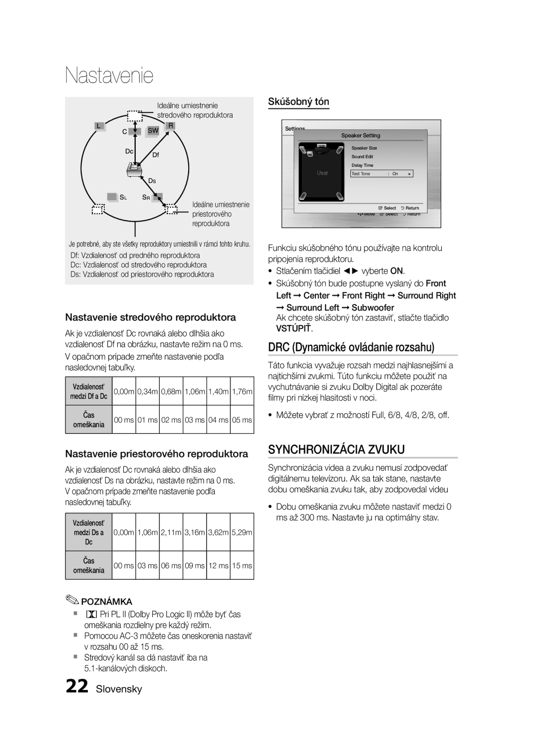 Samsung HT-E355/EN DRC Dynamické ovládanie rozsahu, Synchronizácia Zvuku, Nastavenie stredového reproduktora, Skúšobný tón 