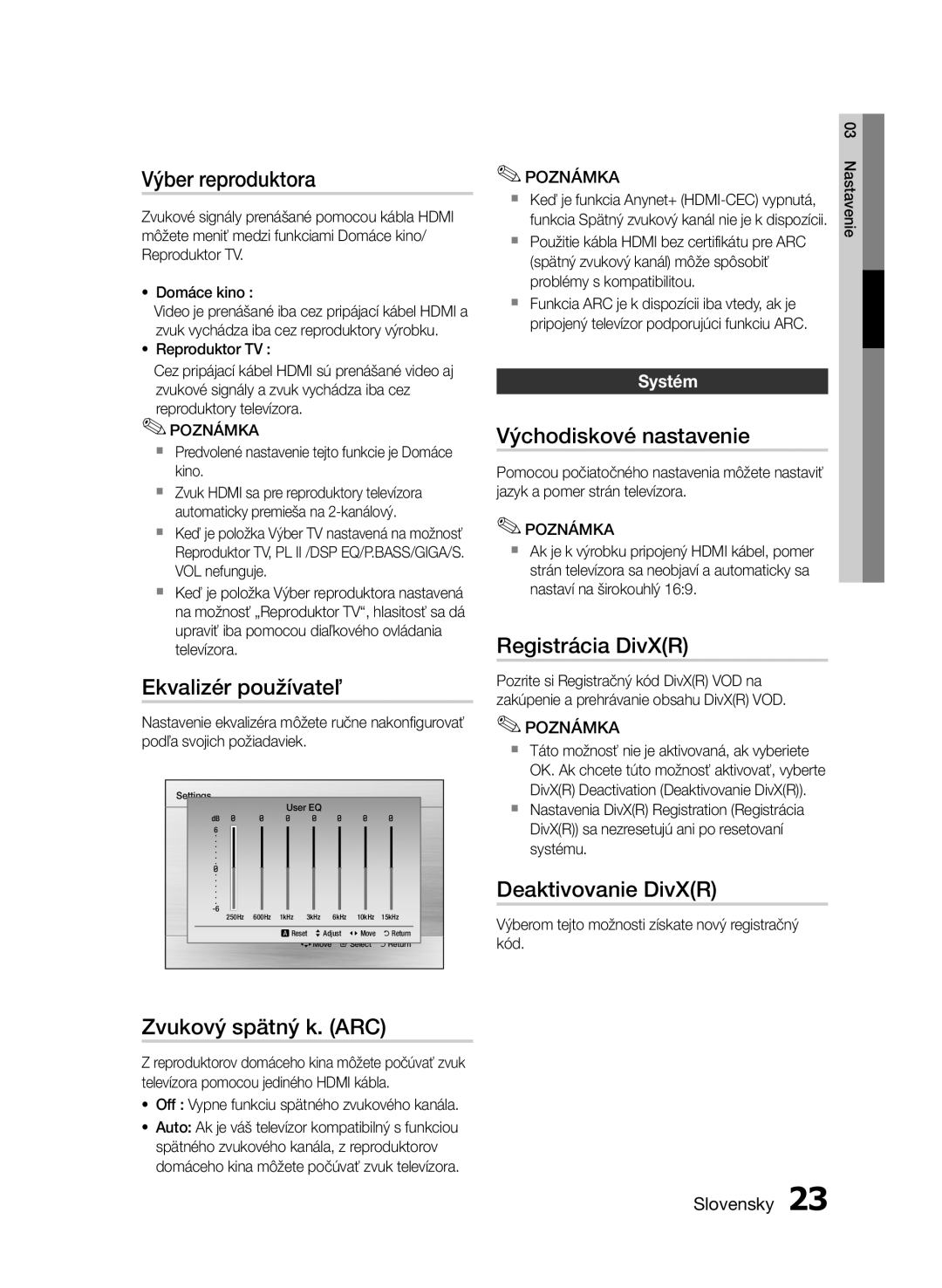 Samsung HT-E350/EN, HT-E355/EN manual Výber reproduktora, Ekvalizér používateľ, Východiskové nastavenie, Registrácia DivXR 