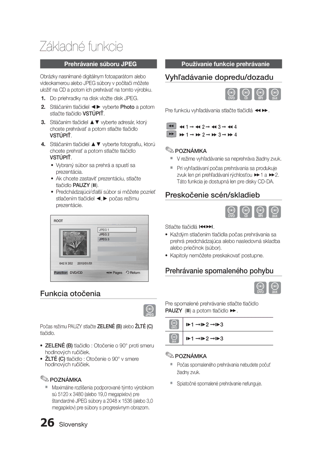 Samsung HT-E355/EN, HT-E350/EN Základné funkcie, Funkcia otočenia, Vyhľadávanie dopredu/dozadu, Preskočenie scén/skladieb 