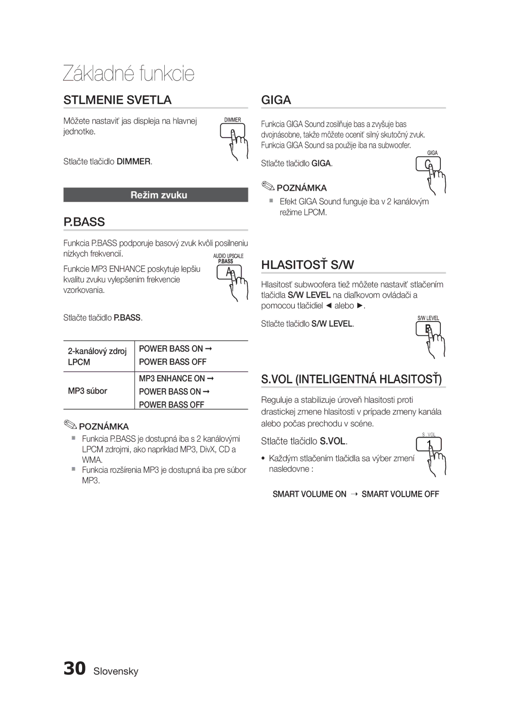 Samsung HT-E355/EN manual Stlmenie Svetla, Hlasitosť S/W, VOL Inteligentná Hlasitosť, Režim zvuku, Stlačte tlačidlo S.VOL 