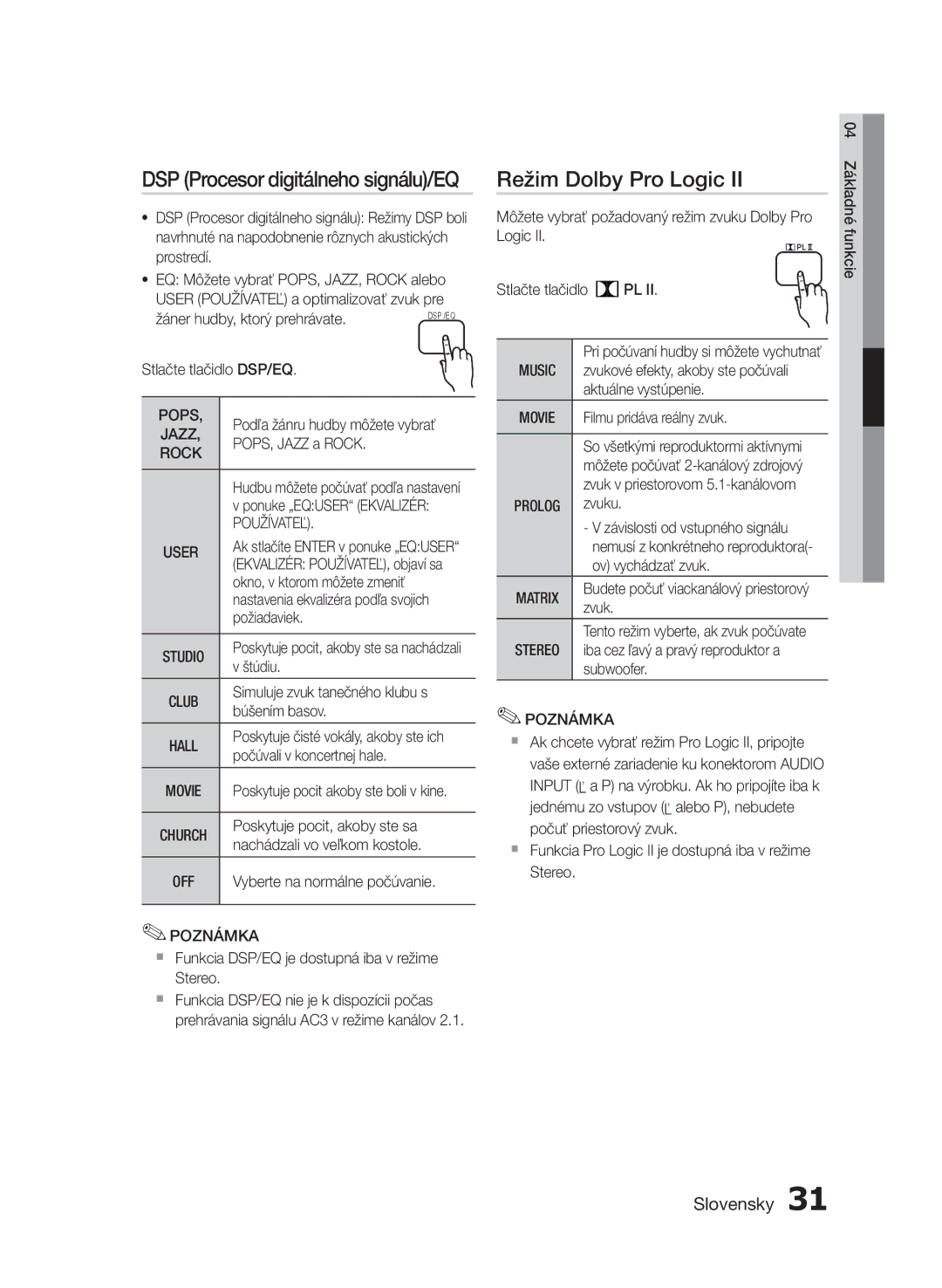 Samsung HT-E350/EN, HT-E355/EN manual Režim Dolby Pro Logic, DSP Procesor digitálneho signálu/EQ, Používateľ 