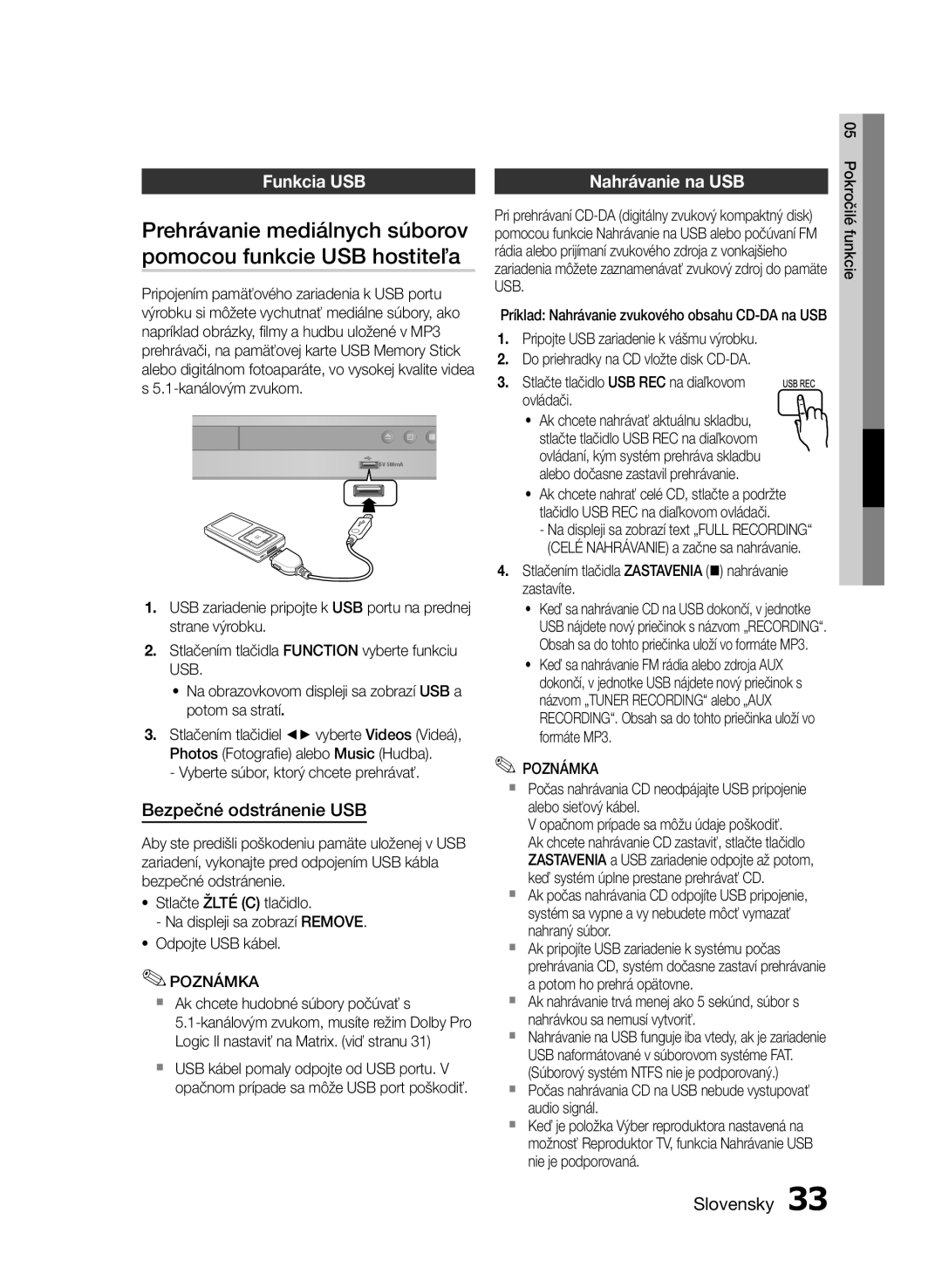 Samsung HT-E350/EN manual Prehrávanie mediálnych súborov, Pomocou funkcie USB hostiteľa, Funkcia USB Nahrávanie na USB, Usb 