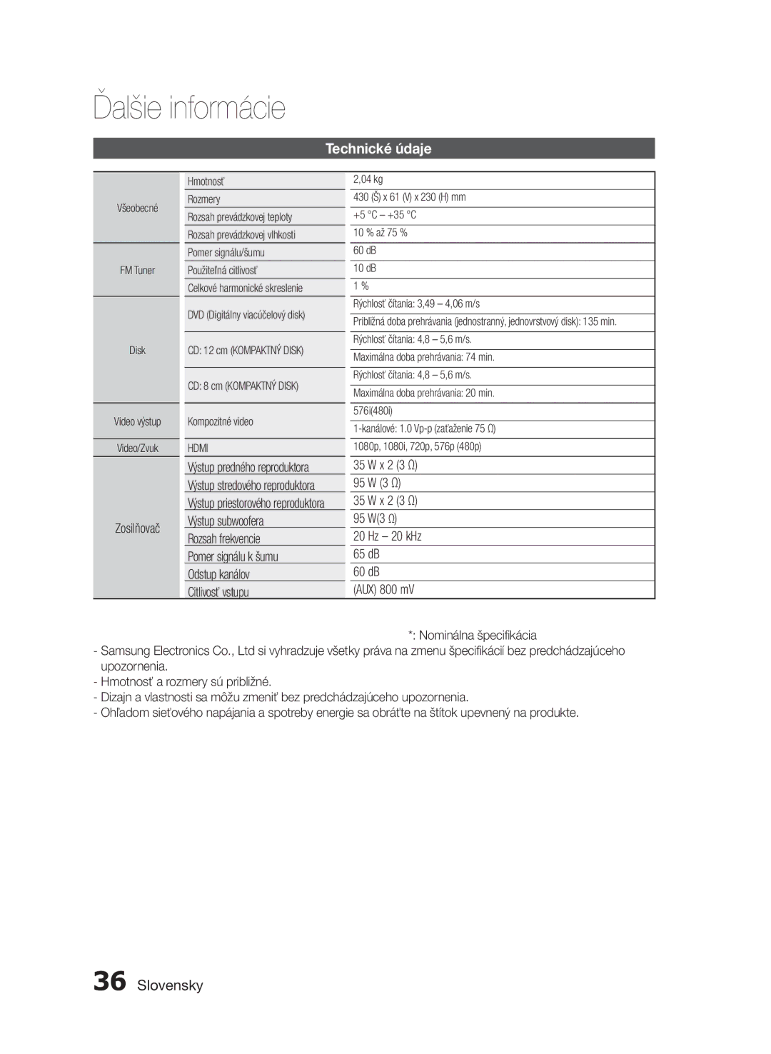 Samsung HT-E355/EN, HT-E350/EN manual Technické údaje, Zosilňovač, X 2 3 Ω 95 W 3 Ω 95 W3 Ω Hz 20 kHz 65 dB 