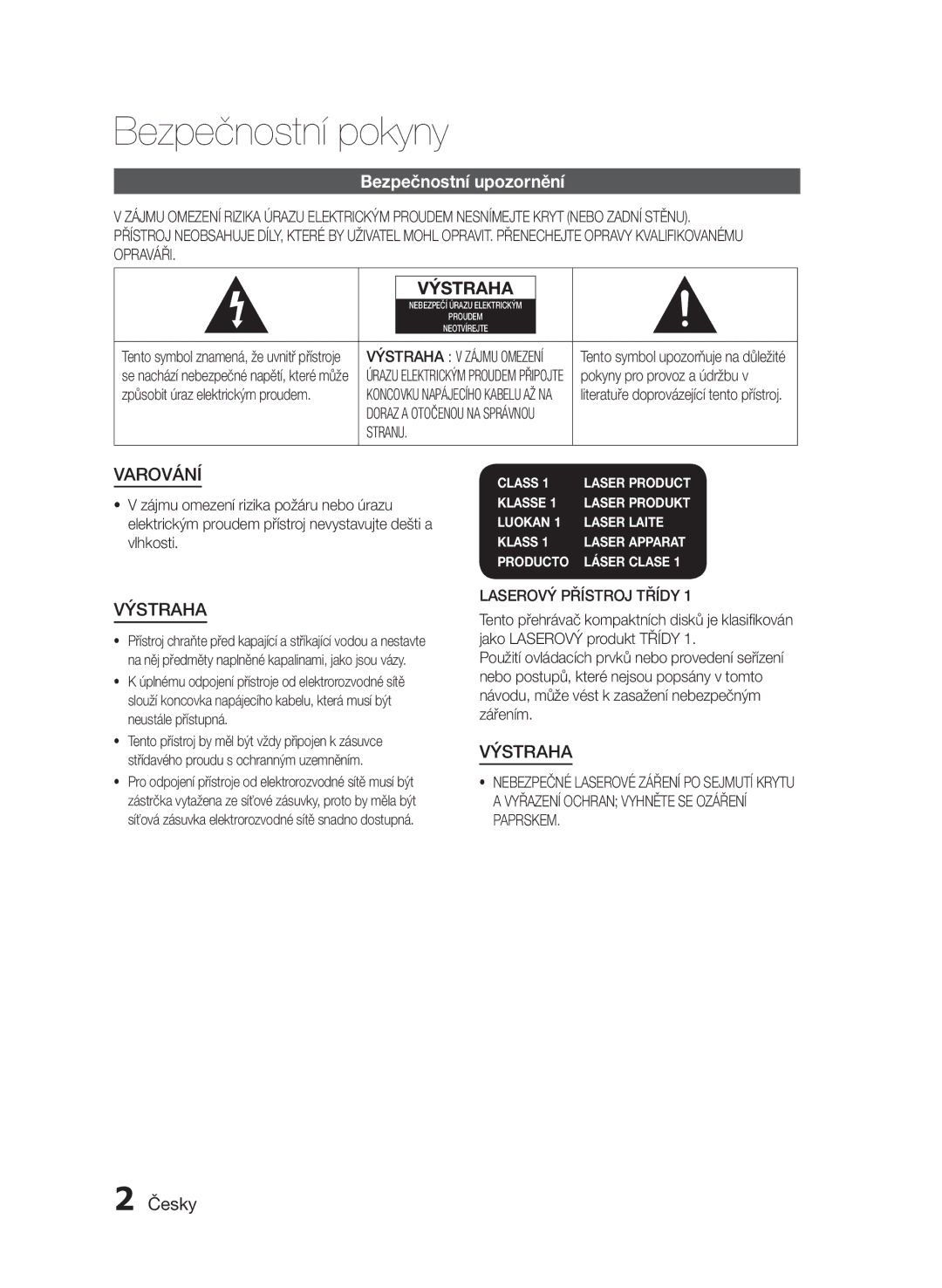 Samsung HT-E350/EN, HT-E355/EN manual Bezpečnostní pokyny, Bezpečnostní upozornění, Česky, Stranu, Laserový Přístroj Třídy 