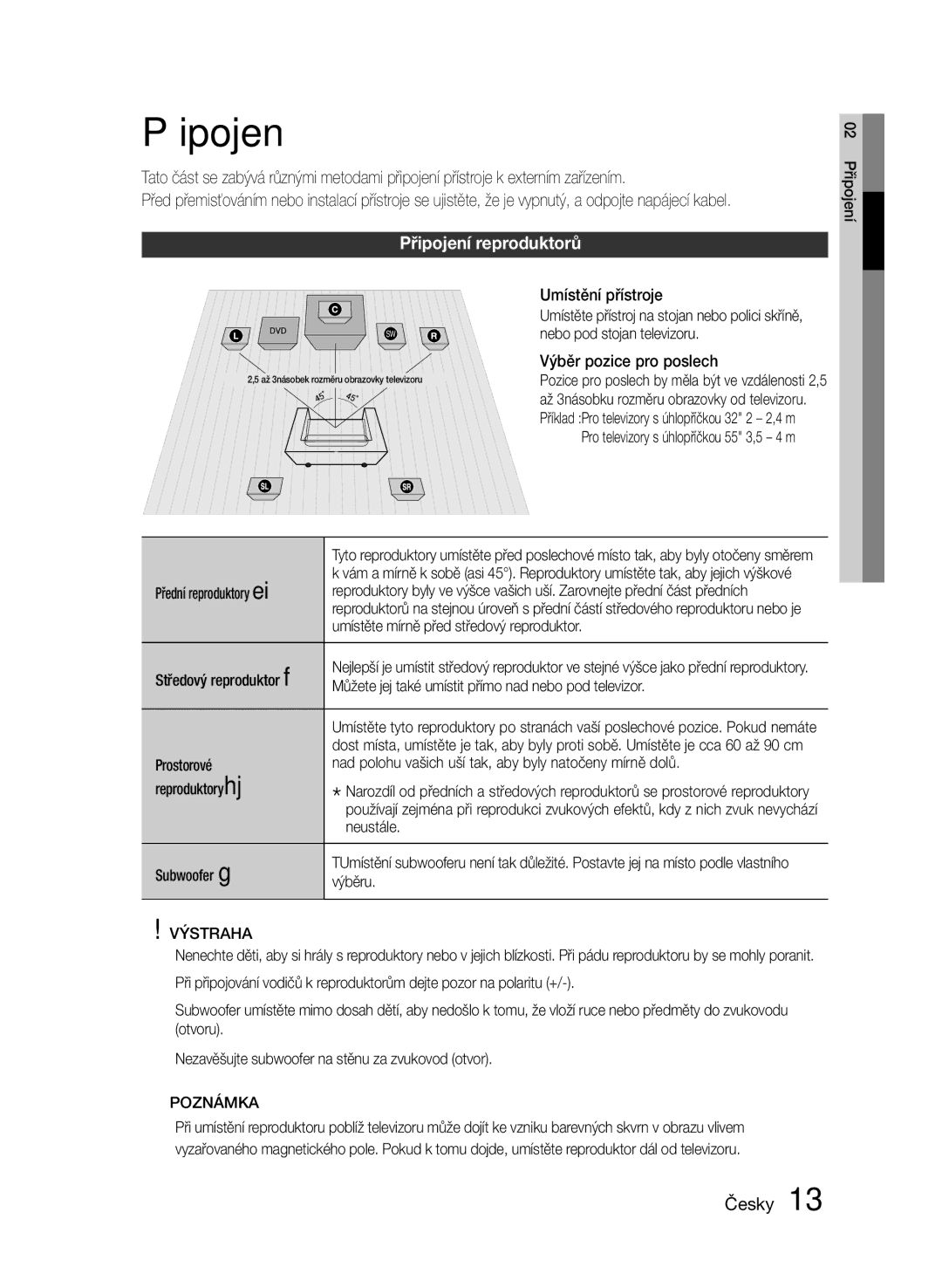 Samsung HT-E355/EN, HT-E350/EN manual Připojení reproduktorů, Výstraha 