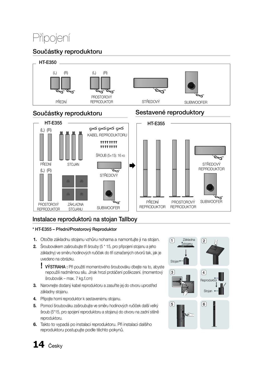 Samsung HT-E350/EN Součástky reproduktoru Sestavené reproduktory, Instalace reproduktorů na stojan Tallboy, 14 Česky 