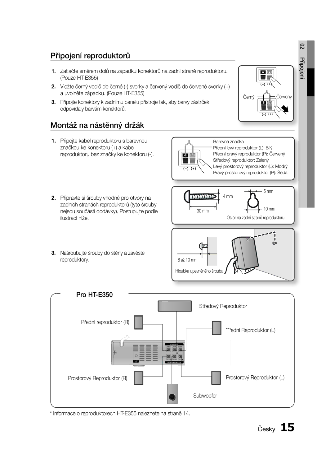 Samsung HT-E355/EN, HT-E350/EN manual Připojení reproduktorů, Montáž na nástěnný držák, Pro HT-E350 