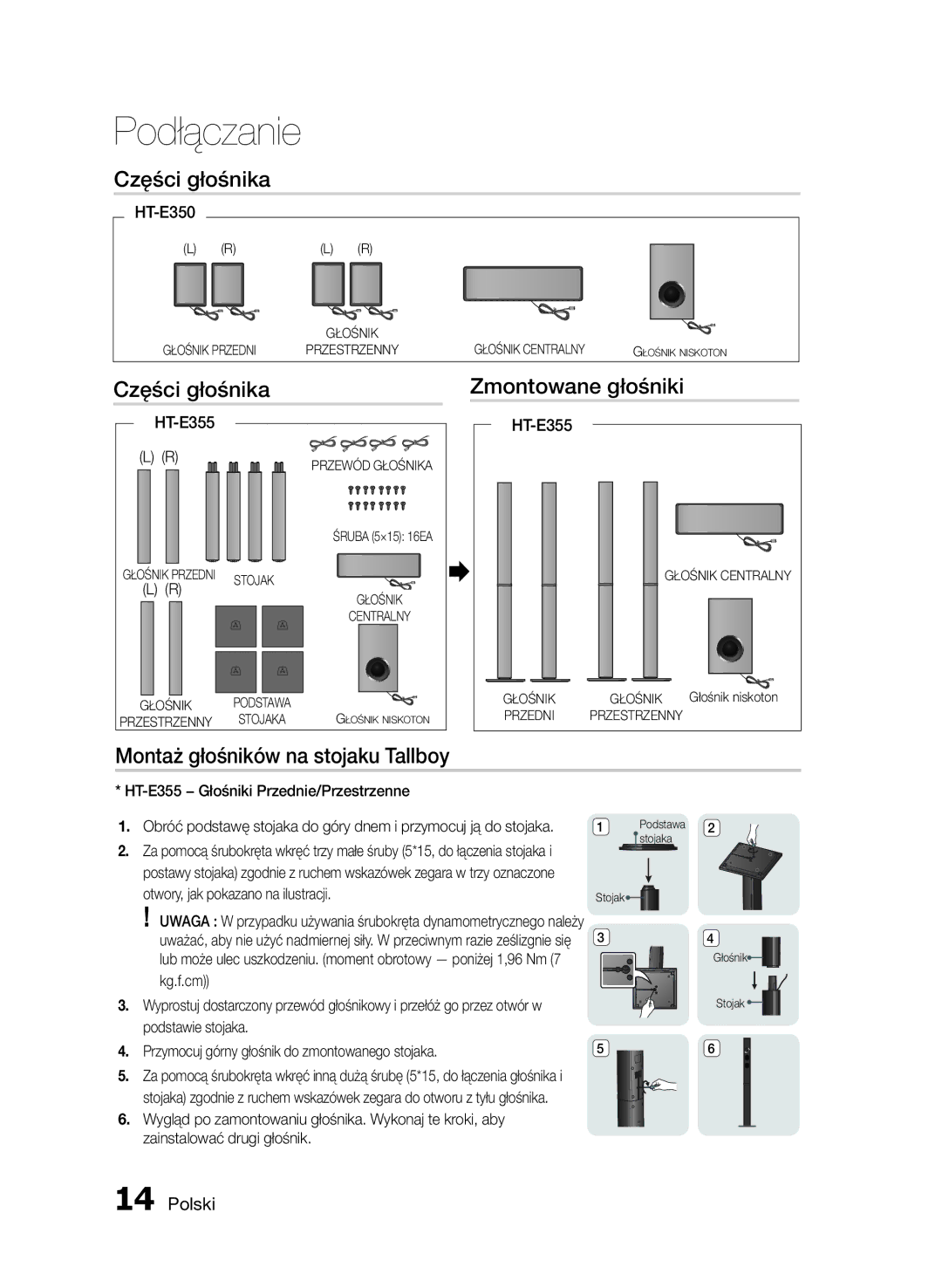 Samsung HT-E355/EN, HT-E350/EN manual Części głośnika Zmontowane głośniki, Montaż głośników na stojaku Tallboy 