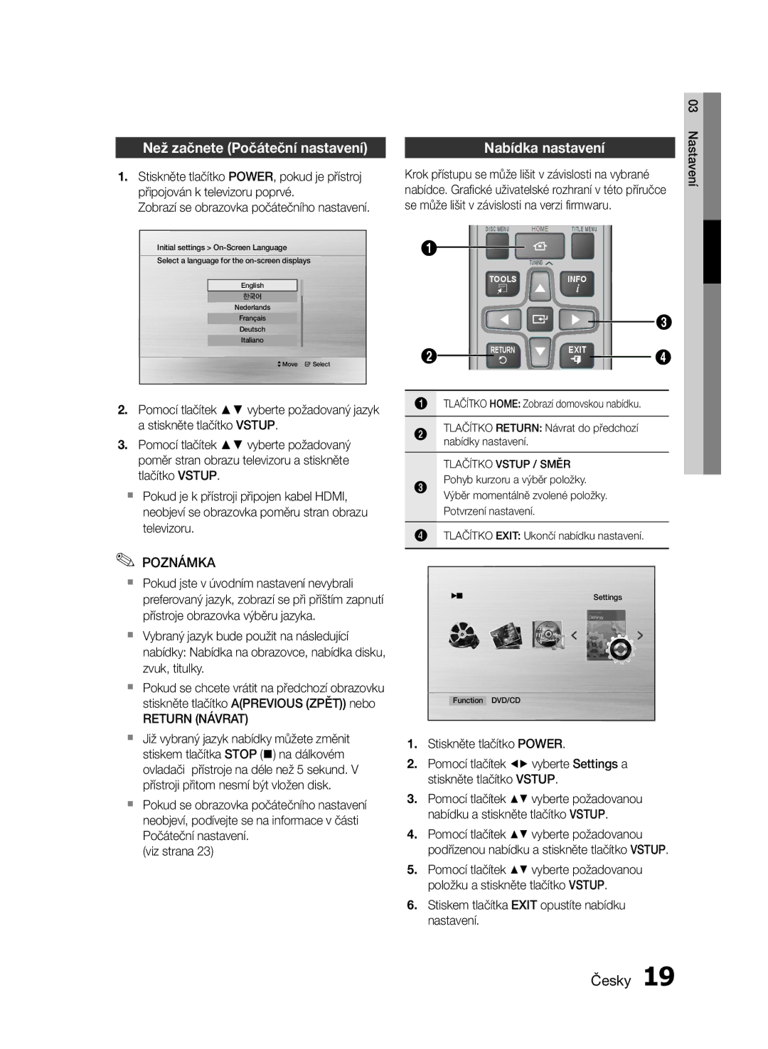 Samsung HT-E355/EN, HT-E350/EN manual Než začnete Počáteční nastavení, Nabídka nastavení, Return Návrat 