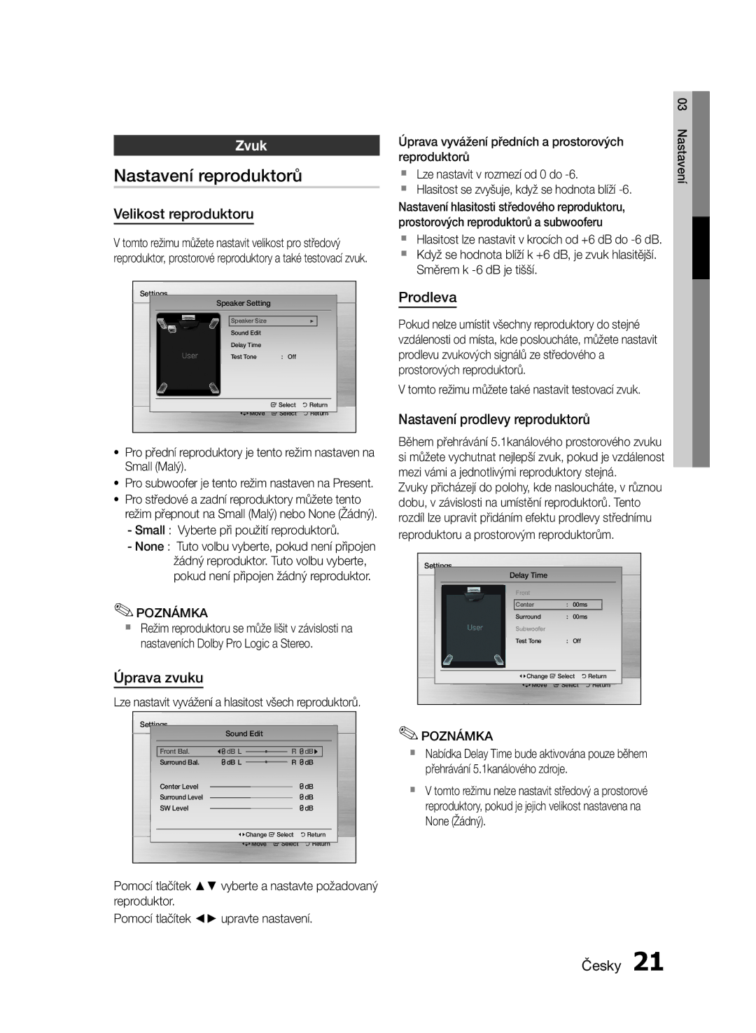 Samsung HT-E355/EN Nastavení reproduktorů, Velikost reproduktoru, Úprava zvuku, Prodleva, Nastavení prodlevy reproduktorů 