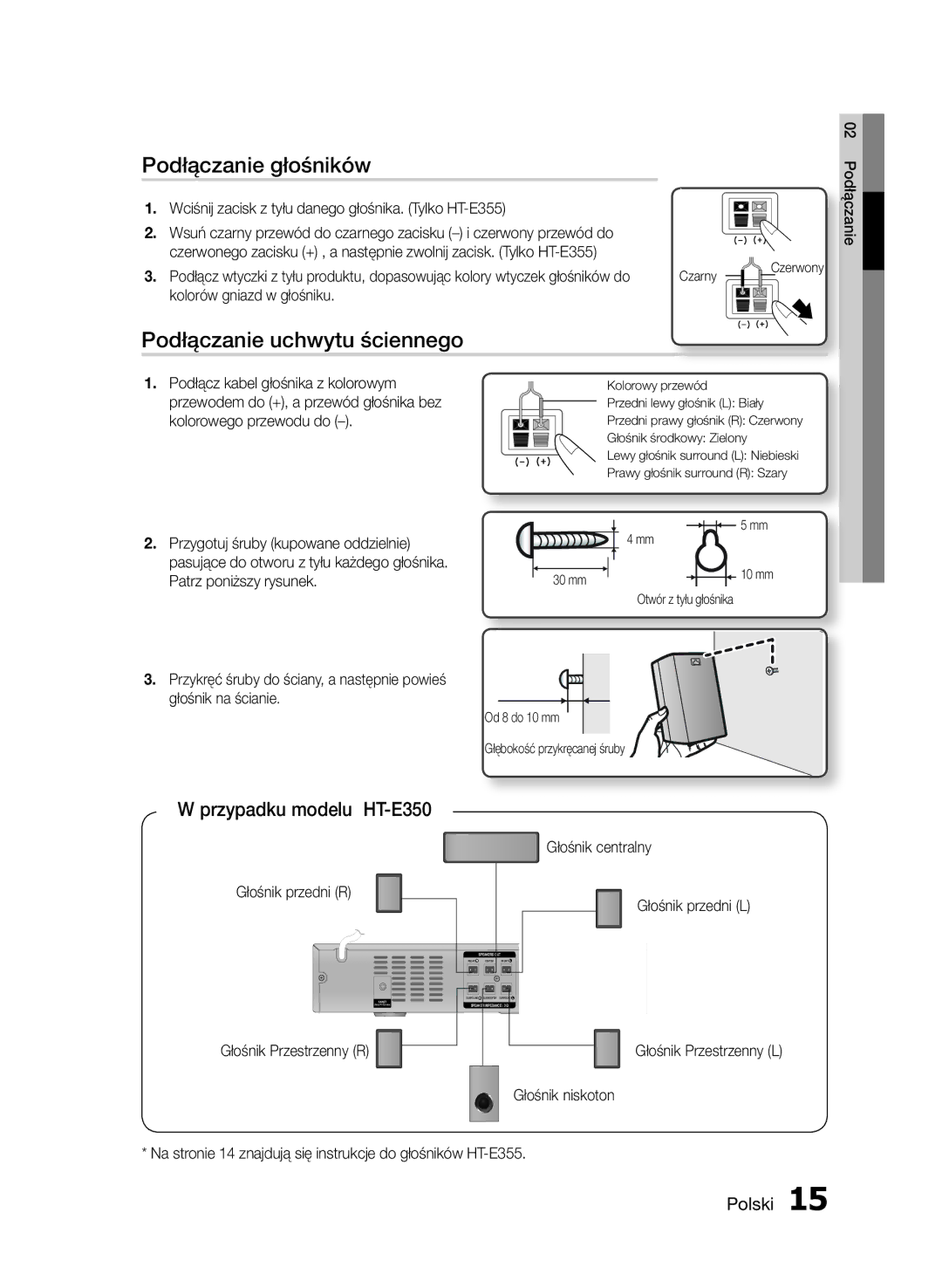 Samsung HT-E350/EN, HT-E355/EN manual Podłączanie głośników, Podłączanie uchwytu ściennego, Przypadku modelu HT-E350 