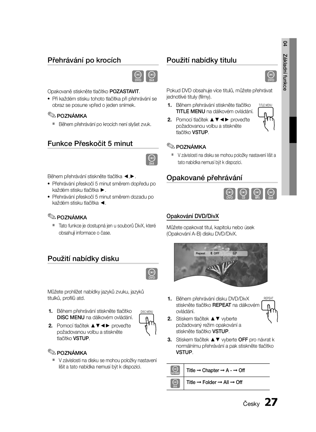 Samsung HT-E355/EN manual Přehrávání po krocích, Funkce Přeskočit 5 minut, Použití nabídky disku Použití nabídky titulu 