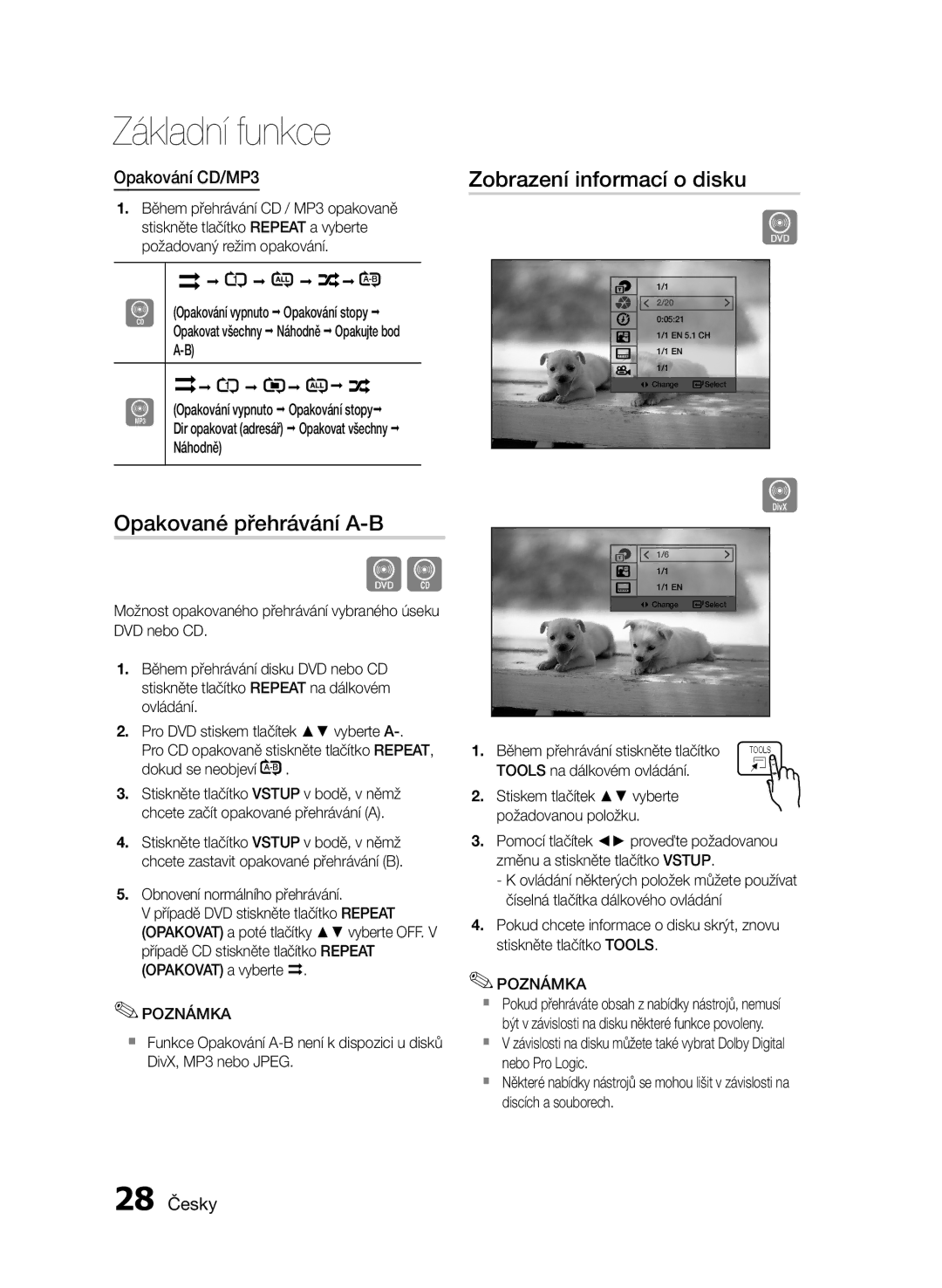 Samsung HT-E350/EN, HT-E355/EN manual Zobrazení informací o disku, Opakované přehrávání A-B, Opakování CD/MP3, 28 Česky 