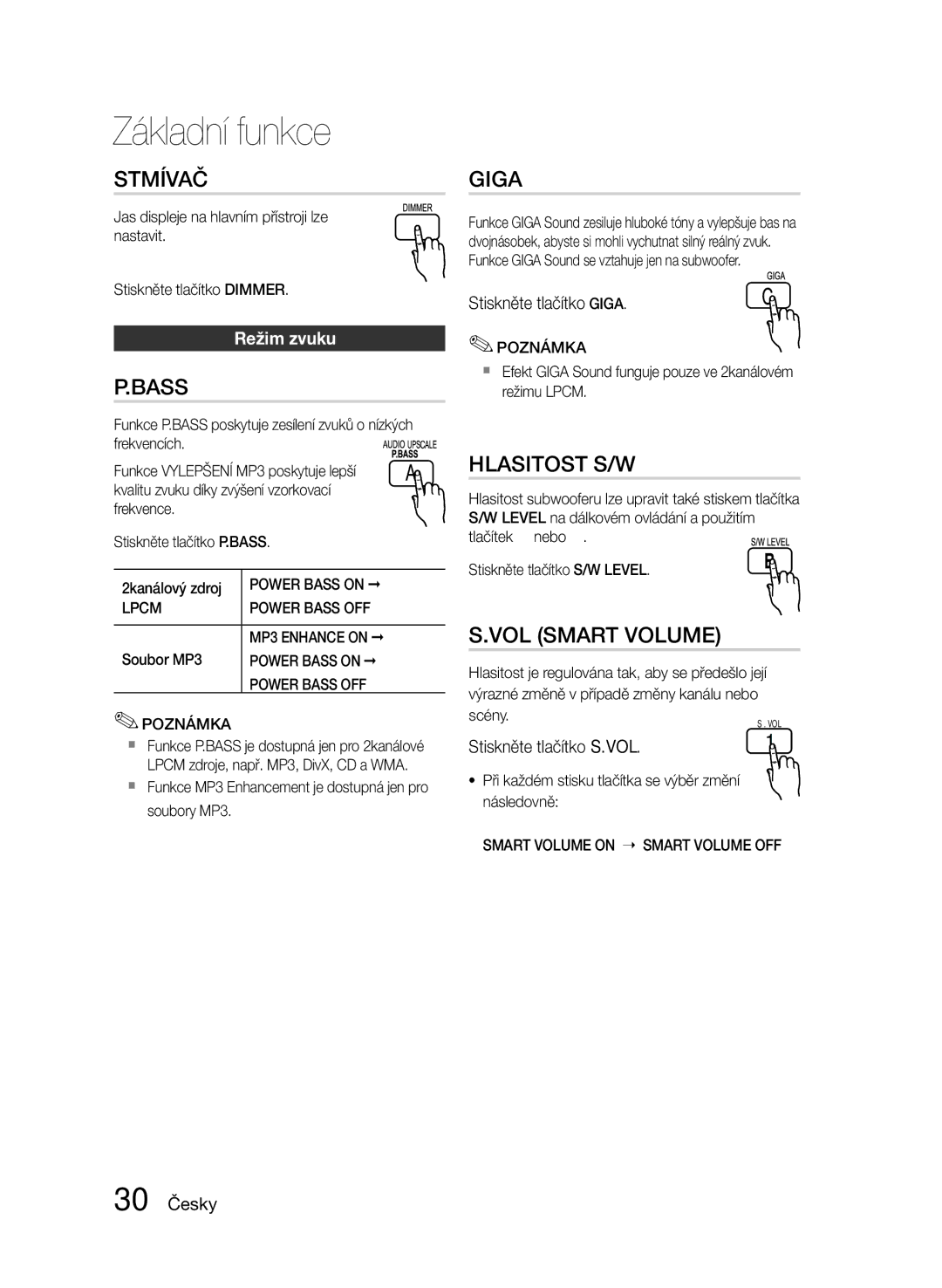 Samsung HT-E350/EN, HT-E355/EN manual Stmívač, Hlasitost S/W, VOL Smart Volume 