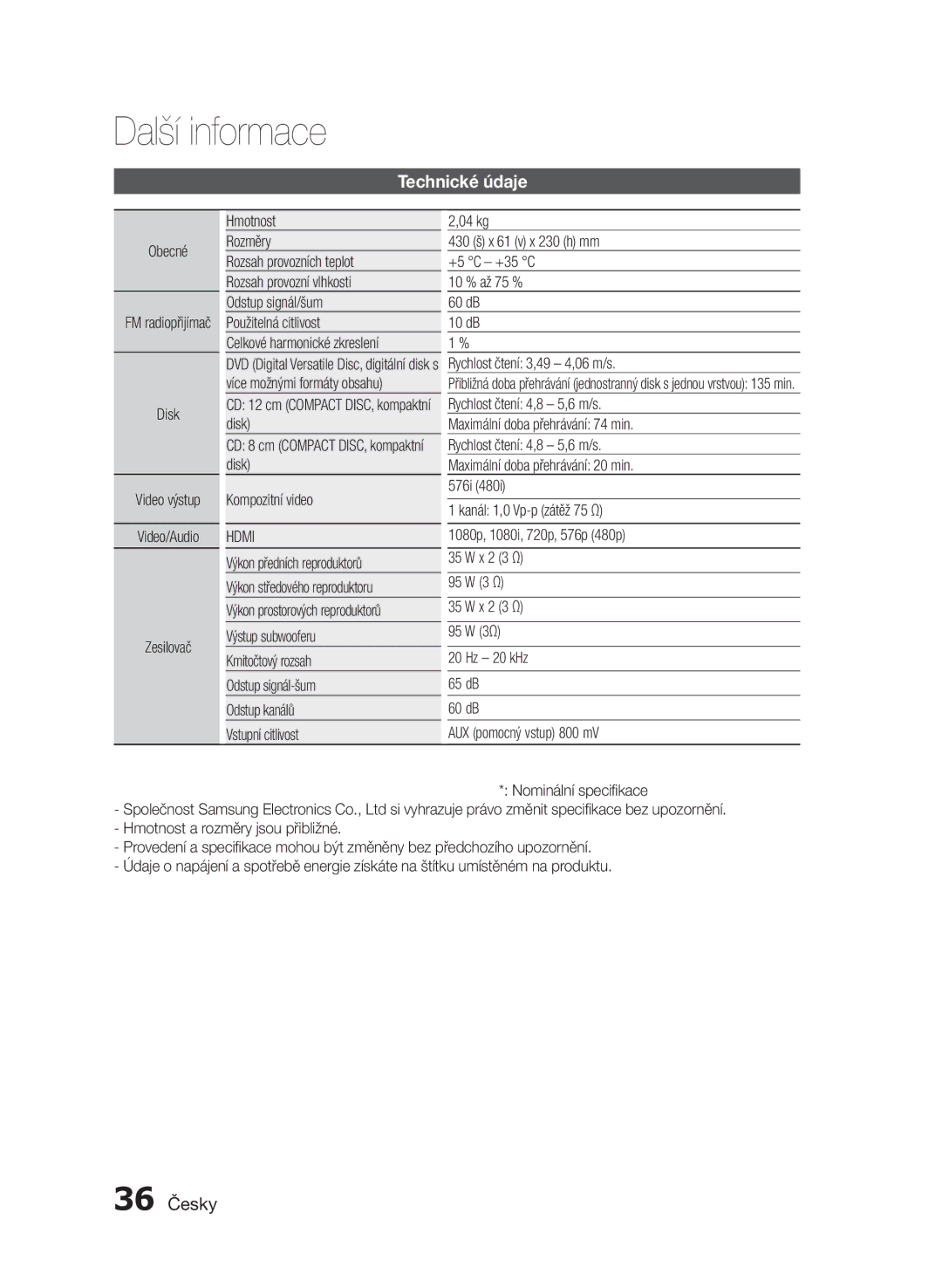 Samsung HT-E350/EN, HT-E355/EN manual 36 Česky, Hdmi 