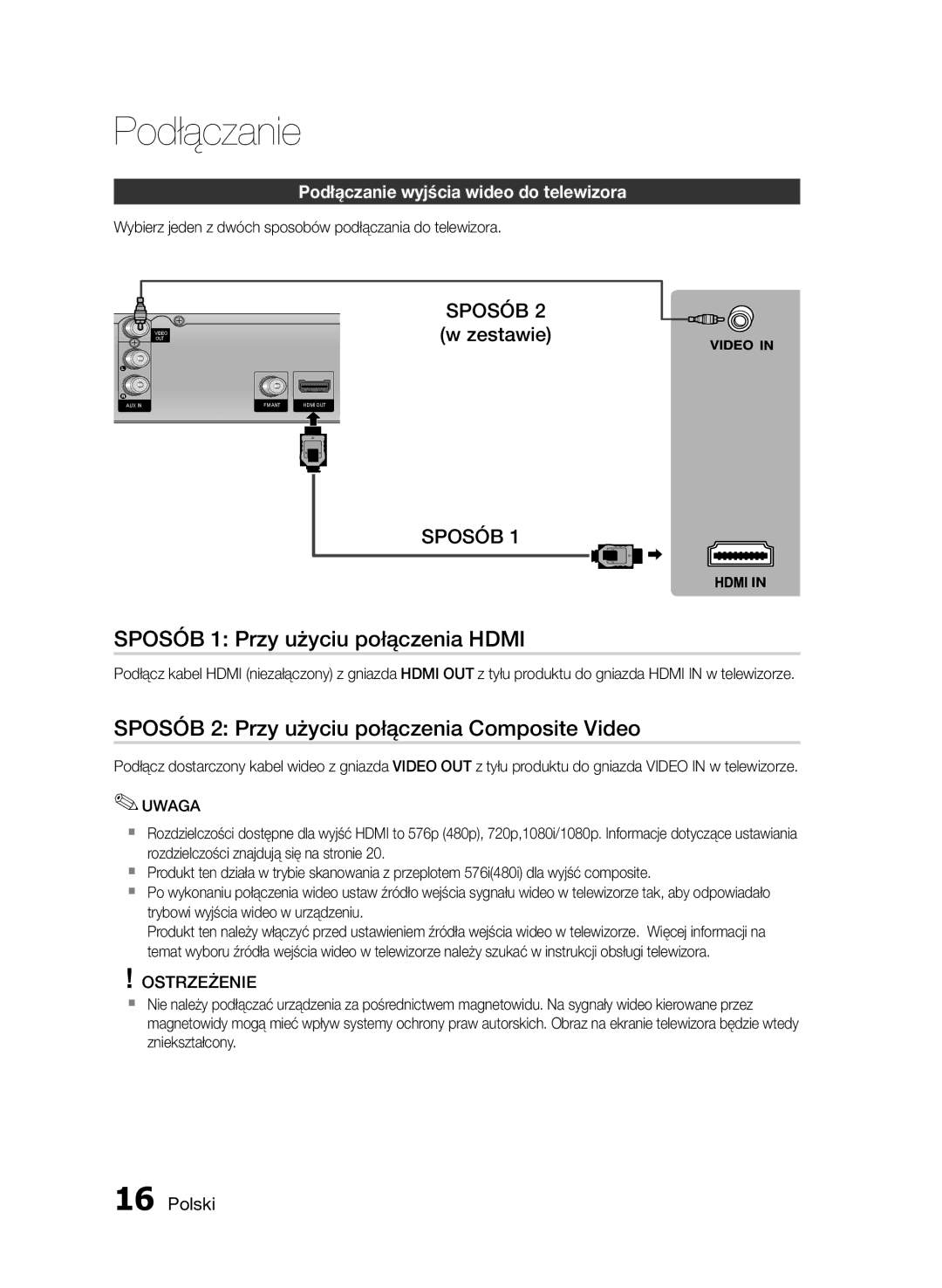 Samsung HT-E355/EN, HT-E350/EN manual Sposób 1 Przy użyciu połączenia Hdmi, Sposób 2 Przy użyciu połączenia Composite Video 