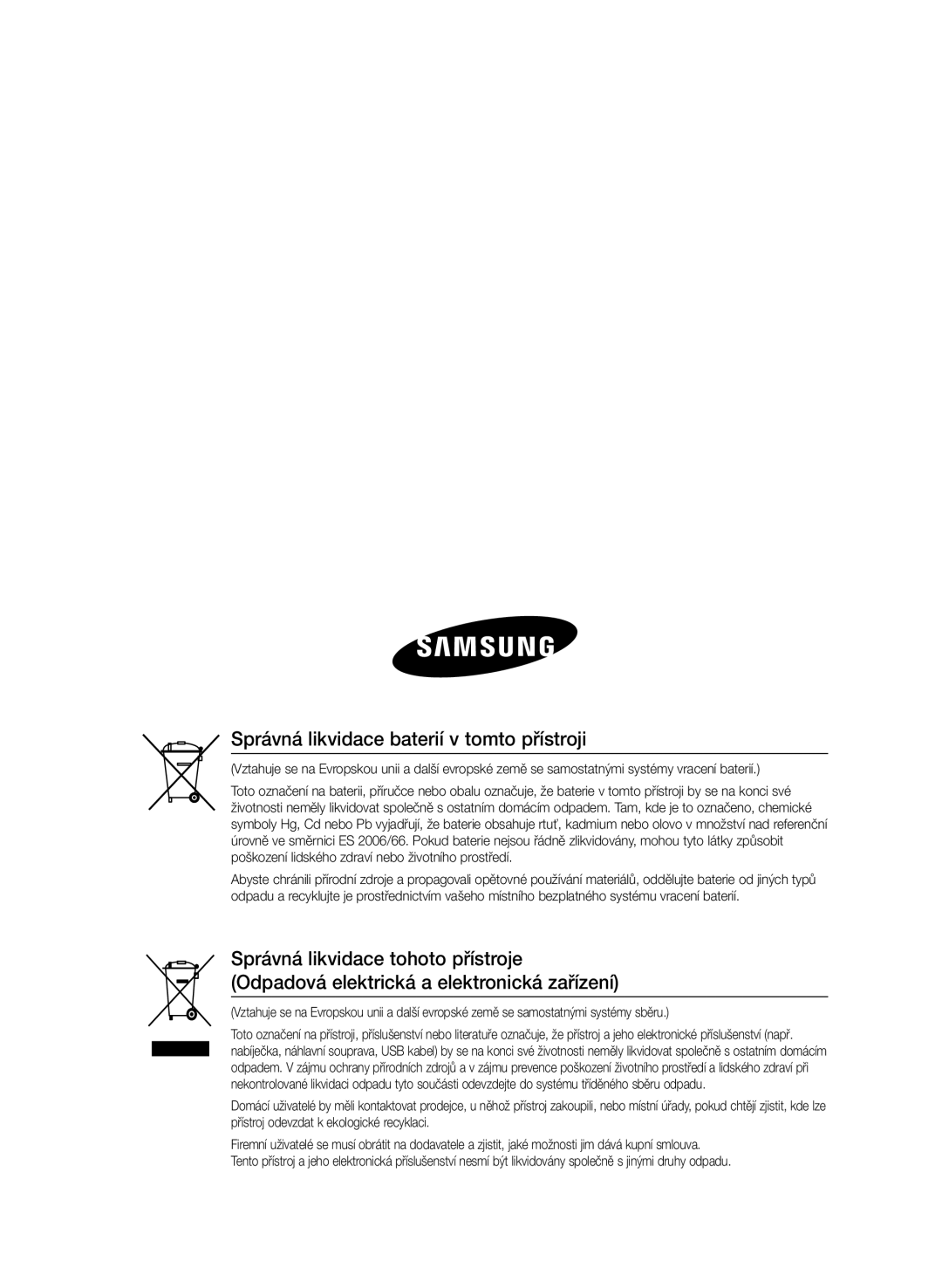 Samsung HT-E355/EN, HT-E350/EN manual Správná likvidace baterií v tomto přístroji 