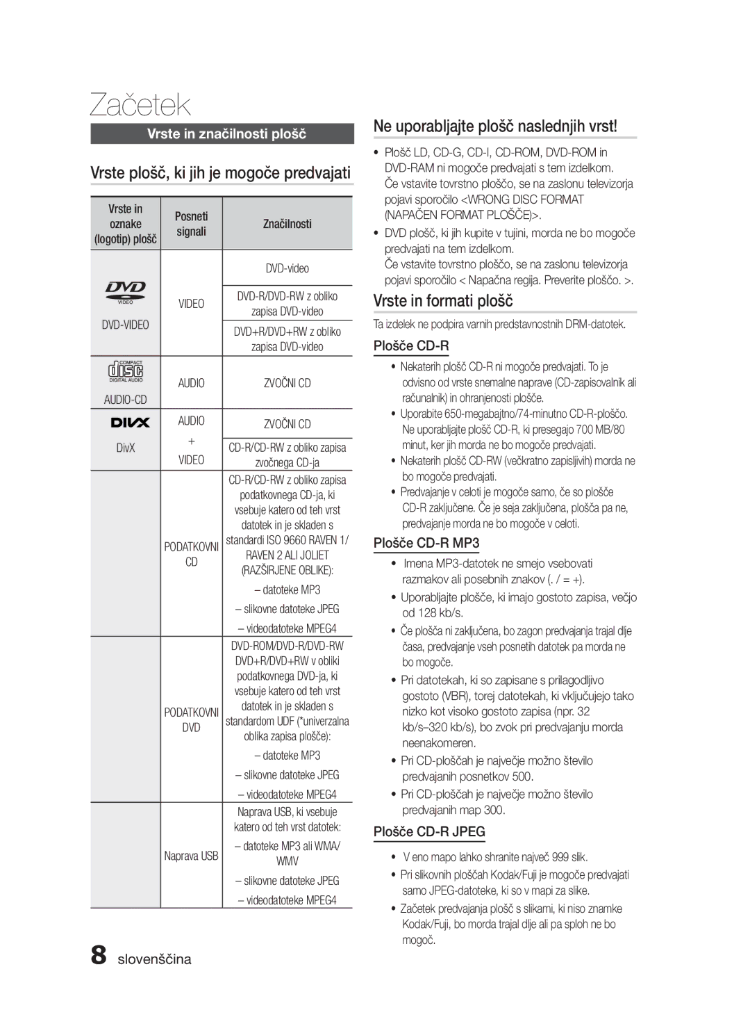 Samsung HT-E355/EN Ne uporabljajte plošč naslednjih vrst, Vrste in formati plošč, Plošče CD-R MP3, Plošče CD-R Jpeg 