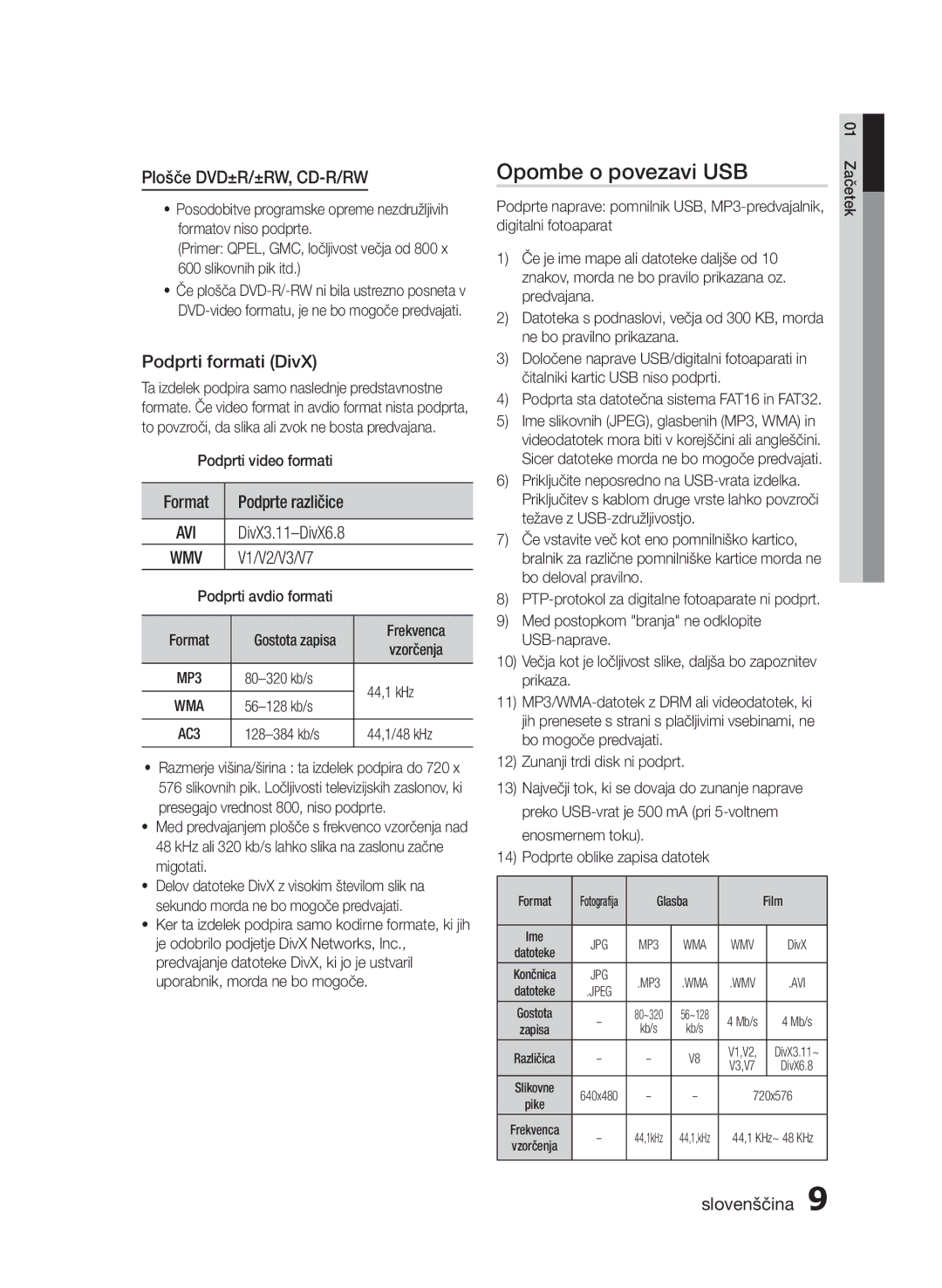 Samsung HT-E350/EN, HT-E355/EN manual Opombe o povezavi USB, Plošče DVD±R/±RW, CD-R/RW, Podprti formati DivX 