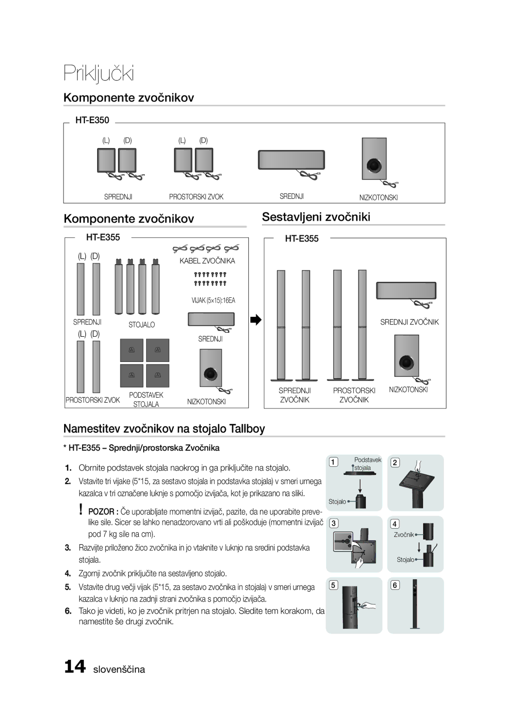 Samsung HT-E355/EN, HT-E350/EN manual Komponente zvočnikov Sestavljeni zvočniki, Namestitev zvočnikov na stojalo Tallboy 