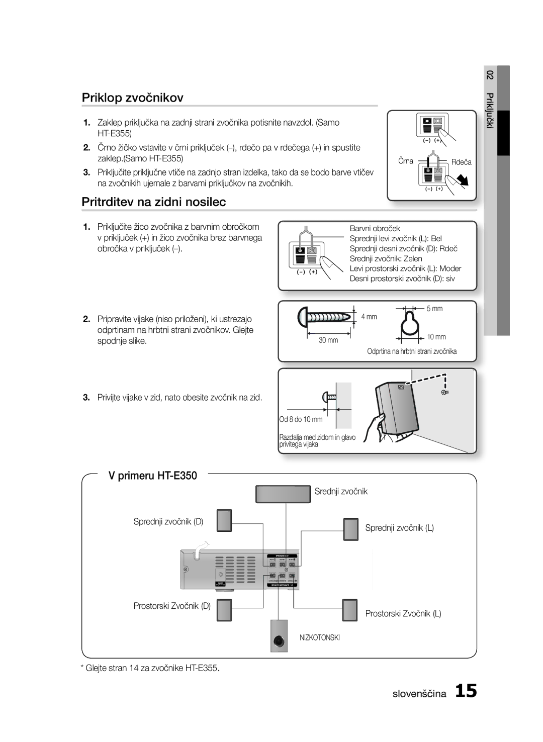 Samsung HT-E350/EN, HT-E355/EN manual Priklop zvočnikov, Pritrditev na zidni nosilec, Primeru HT-E350 