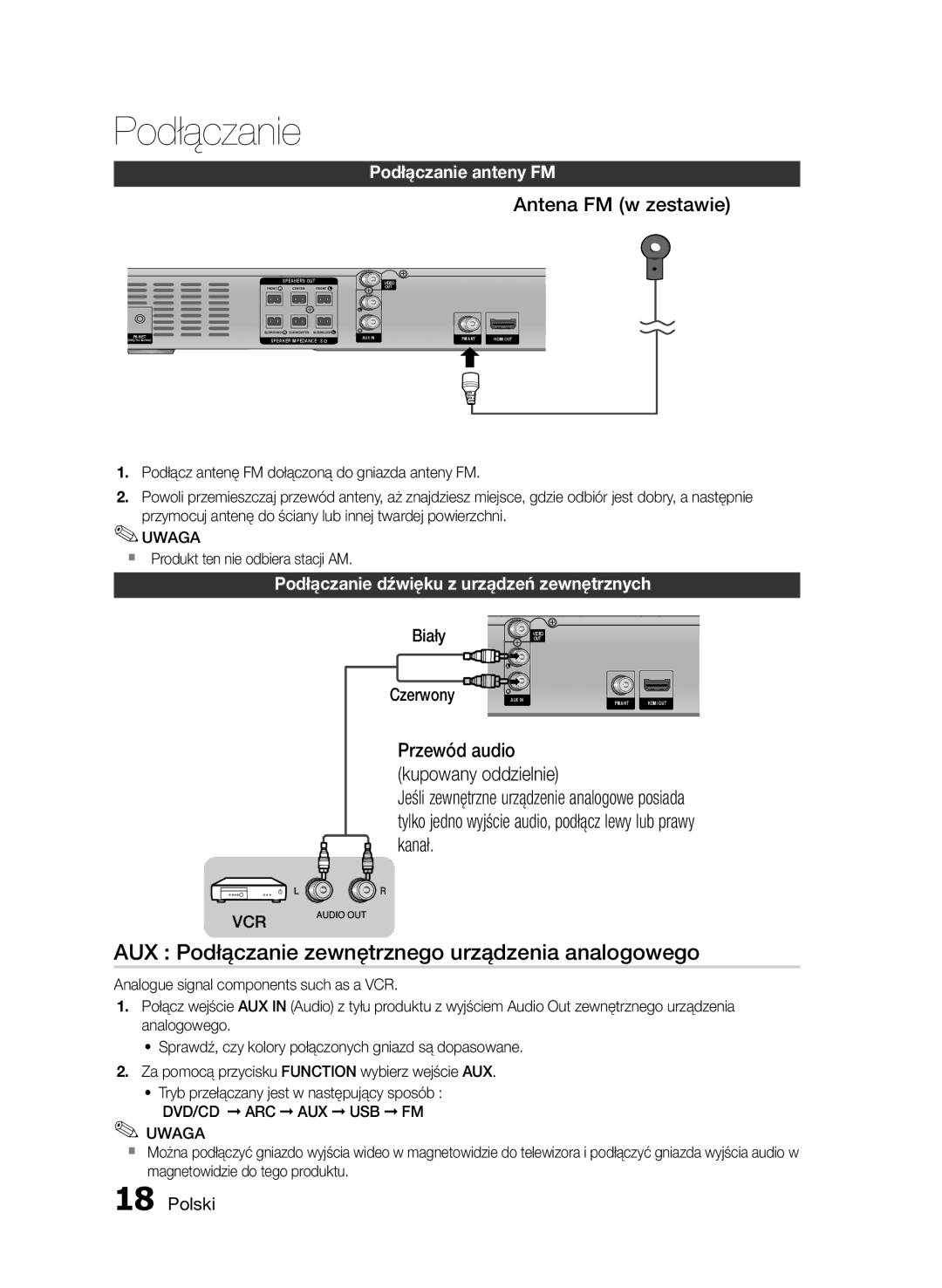 Samsung HT-E355/EN manual AUX Podłączanie zewnętrznego urządzenia analogowego, Antena FM w zestawie, Podłączanie anteny FM 