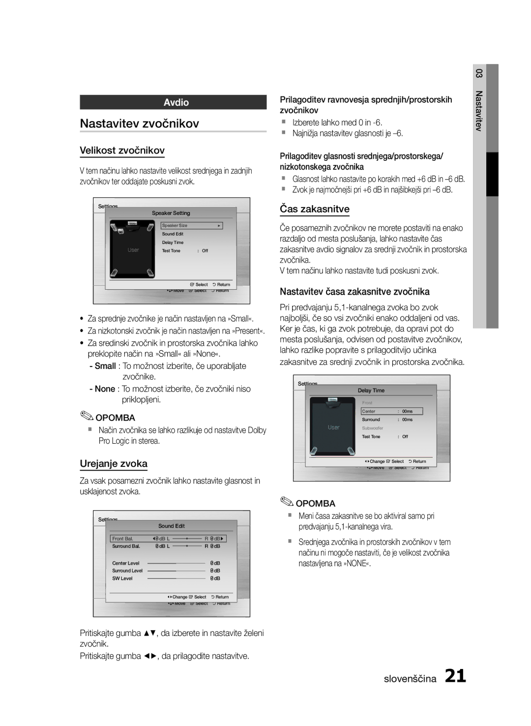 Samsung HT-E350/EN, HT-E355/EN manual Nastavitev zvočnikov, Avdio 