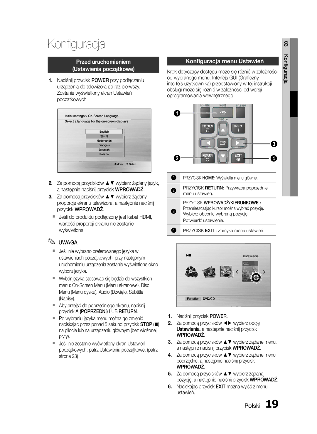 Samsung HT-E350/EN, HT-E355/EN manual Przed uruchomieniem Ustawienia początkowe, Konfiguracja menu Ustawień, Wprowadź 