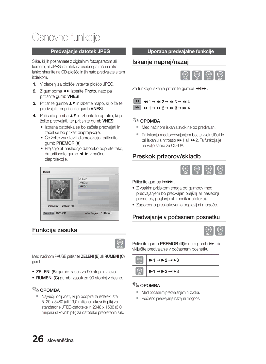 Samsung HT-E355/EN, HT-E350/EN manual Osnovne funkcije, Funkcija zasuka, Iskanje naprej/nazaj, Preskok prizorov/skladb 