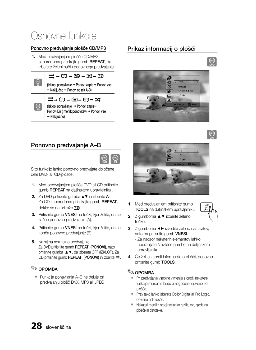 Samsung HT-E355/EN manual Prikaz informacij o plošči, Ponovno predvajanje A-B, Ponovno predvajanje plošče CD/MP3, Naključno 