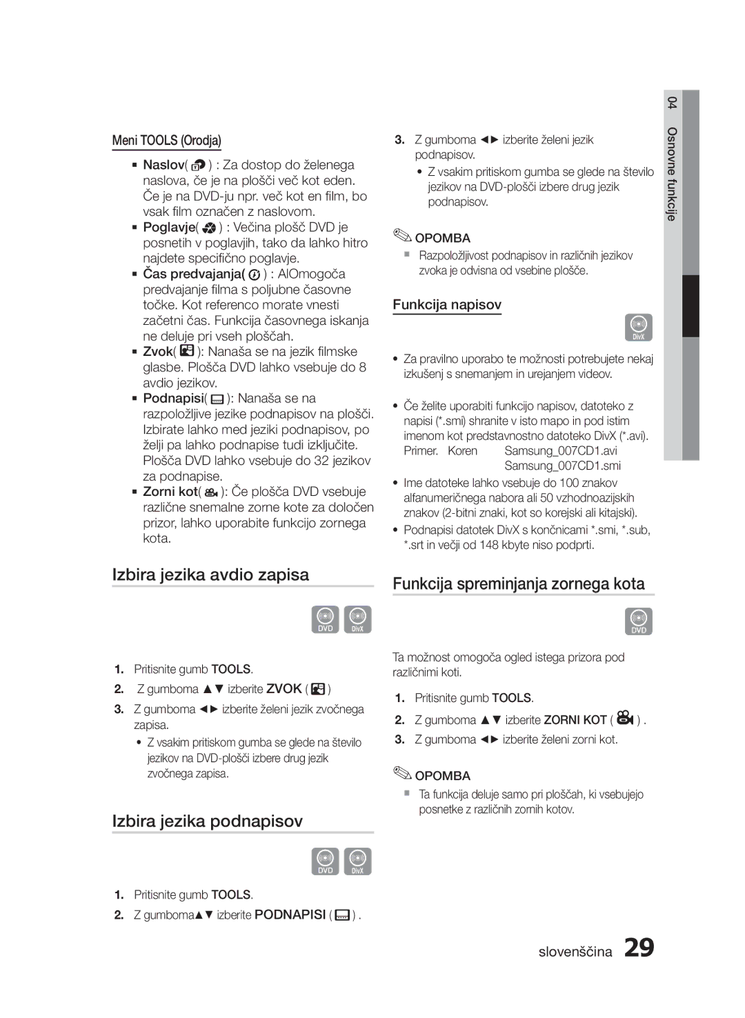 Samsung HT-E350/EN, HT-E355/EN Izbira jezika avdio zapisa, Izbira jezika podnapisov, Funkcija spreminjanja zornega kota 