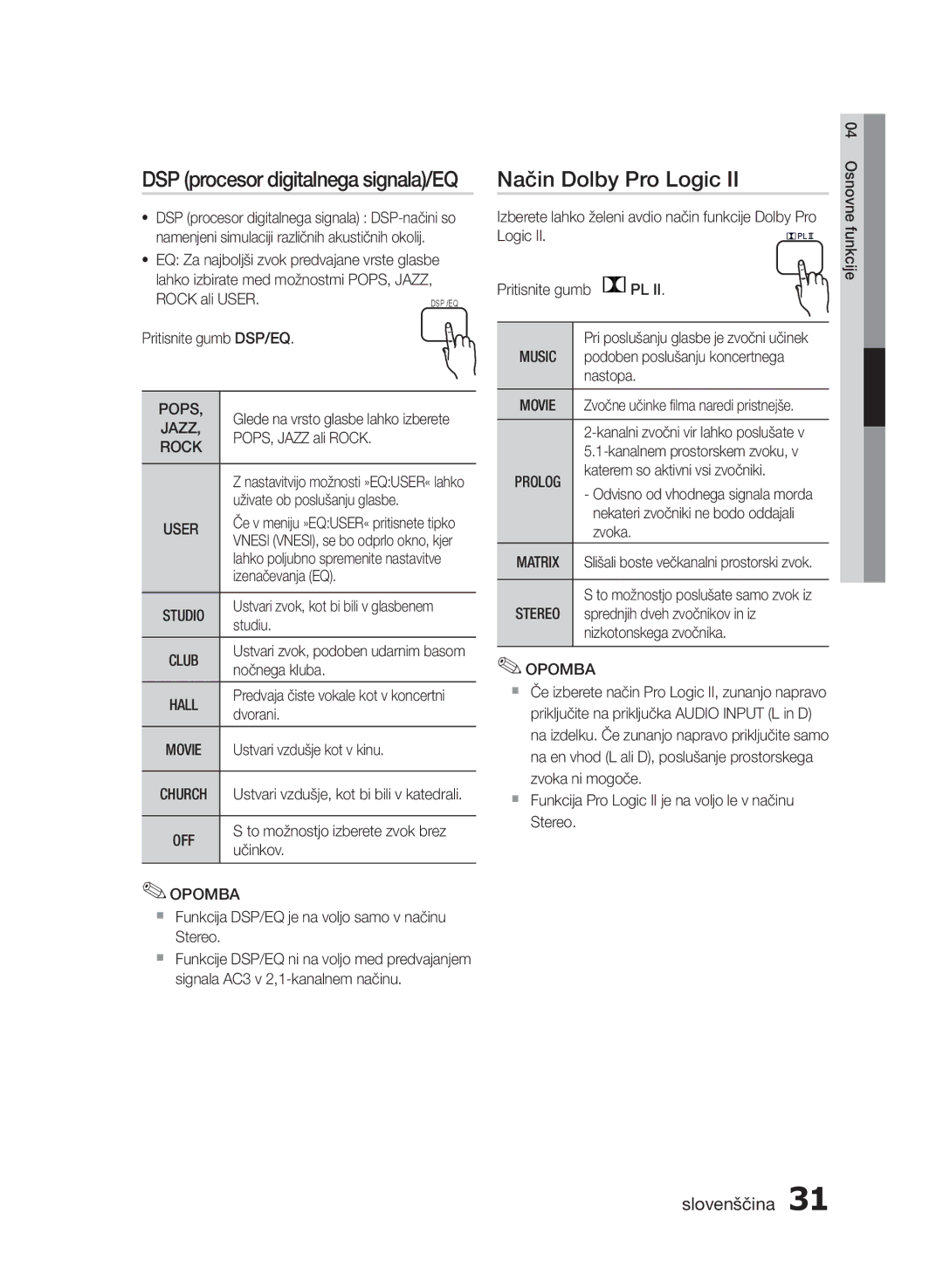 Samsung HT-E350/EN, HT-E355/EN manual Način Dolby Pro Logic, DSP procesor digitalnega signala/EQ 