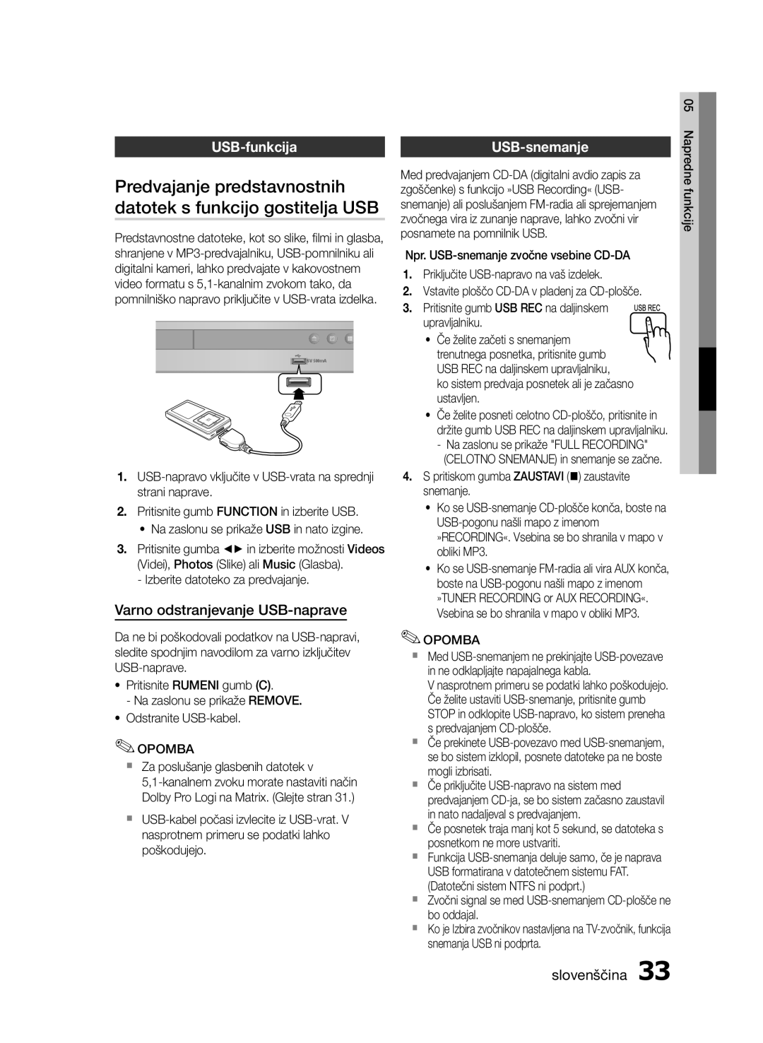 Samsung HT-E350/EN, HT-E355/EN Predvajanje predstavnostnih, Datotek s funkcijo gostitelja USB, USB-funkcija USB-snemanje 