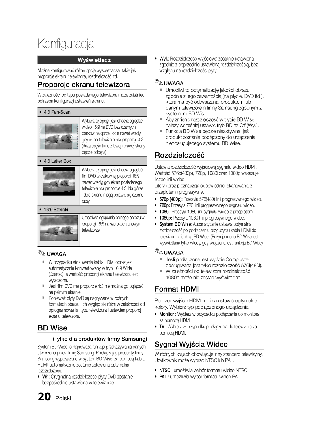 Samsung HT-E355/EN, HT-E350/EN manual Proporcje ekranu telewizora, BD Wise, Rozdzielczość, Format Hdmi, Sygnał Wyjścia Wideo 