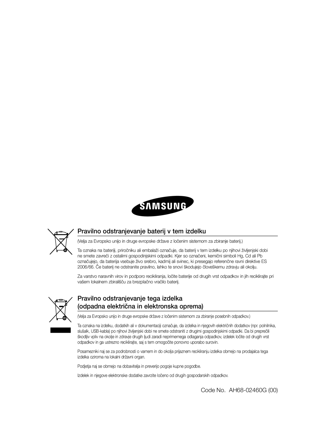 Samsung HT-E350/EN, HT-E355/EN manual Pravilno odstranjevanje baterij v tem izdelku, Code No. AH68-02460G 