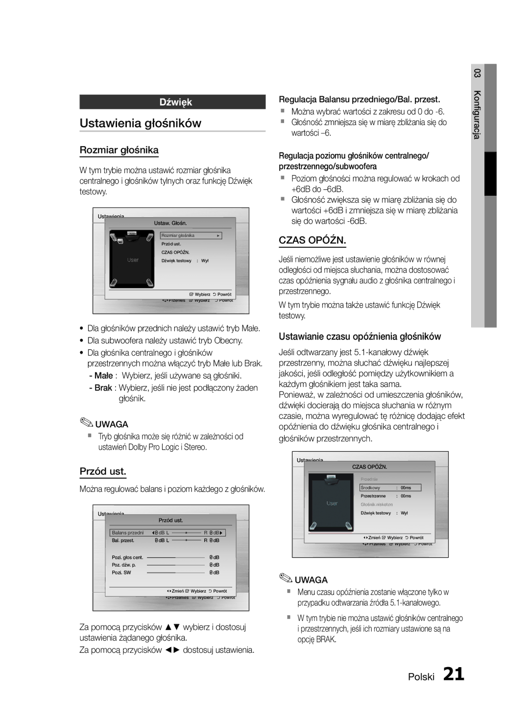 Samsung HT-E350/EN manual Ustawienia głośników, Dźwięk, Rozmiar głośnika, Przód ust, Ustawianie czasu opóźnienia głośników 