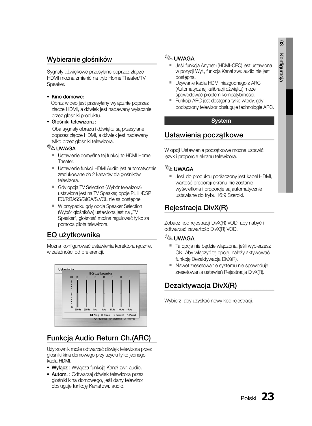 Samsung HT-E350/EN, HT-E355/EN Wybieranie głośników, EQ użytkownika, Funkcja Audio Return Ch.ARC, Ustawienia początkowe 