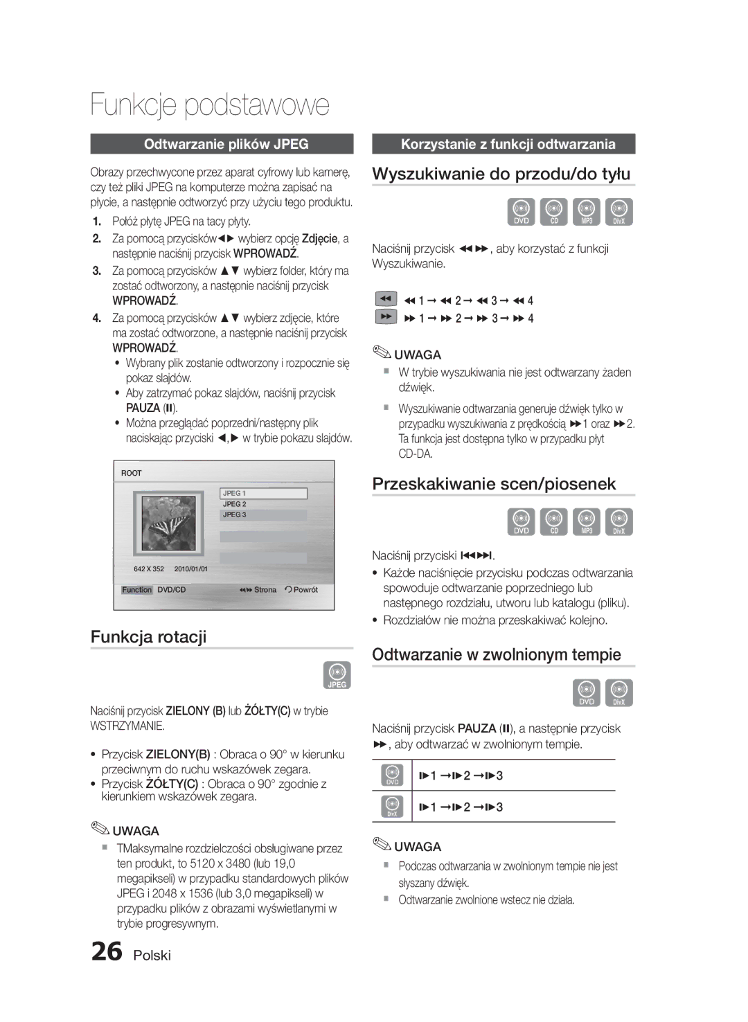 Samsung HT-E355/EN, HT-E350/EN manual Funkcja rotacji, Wyszukiwanie do przodu/do tyłu, Przeskakiwanie scen/piosenek 