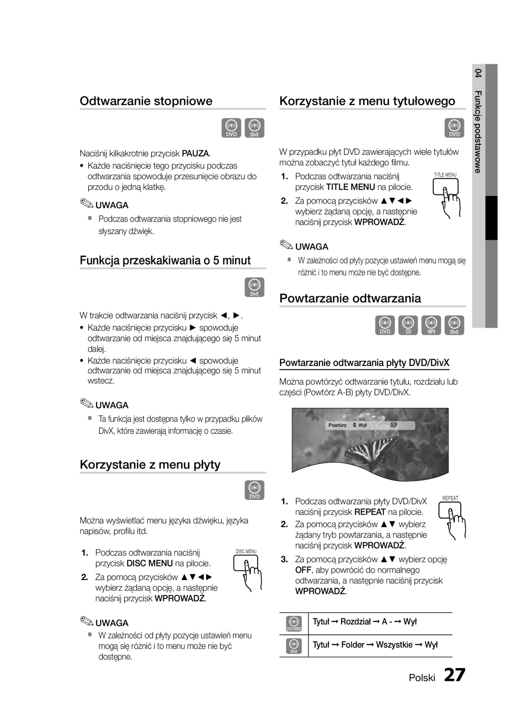 Samsung HT-E350/EN, HT-E355/EN manual Odtwarzanie stopniowe, Funkcja przeskakiwania o 5 minut, Korzystanie z menu płyty 