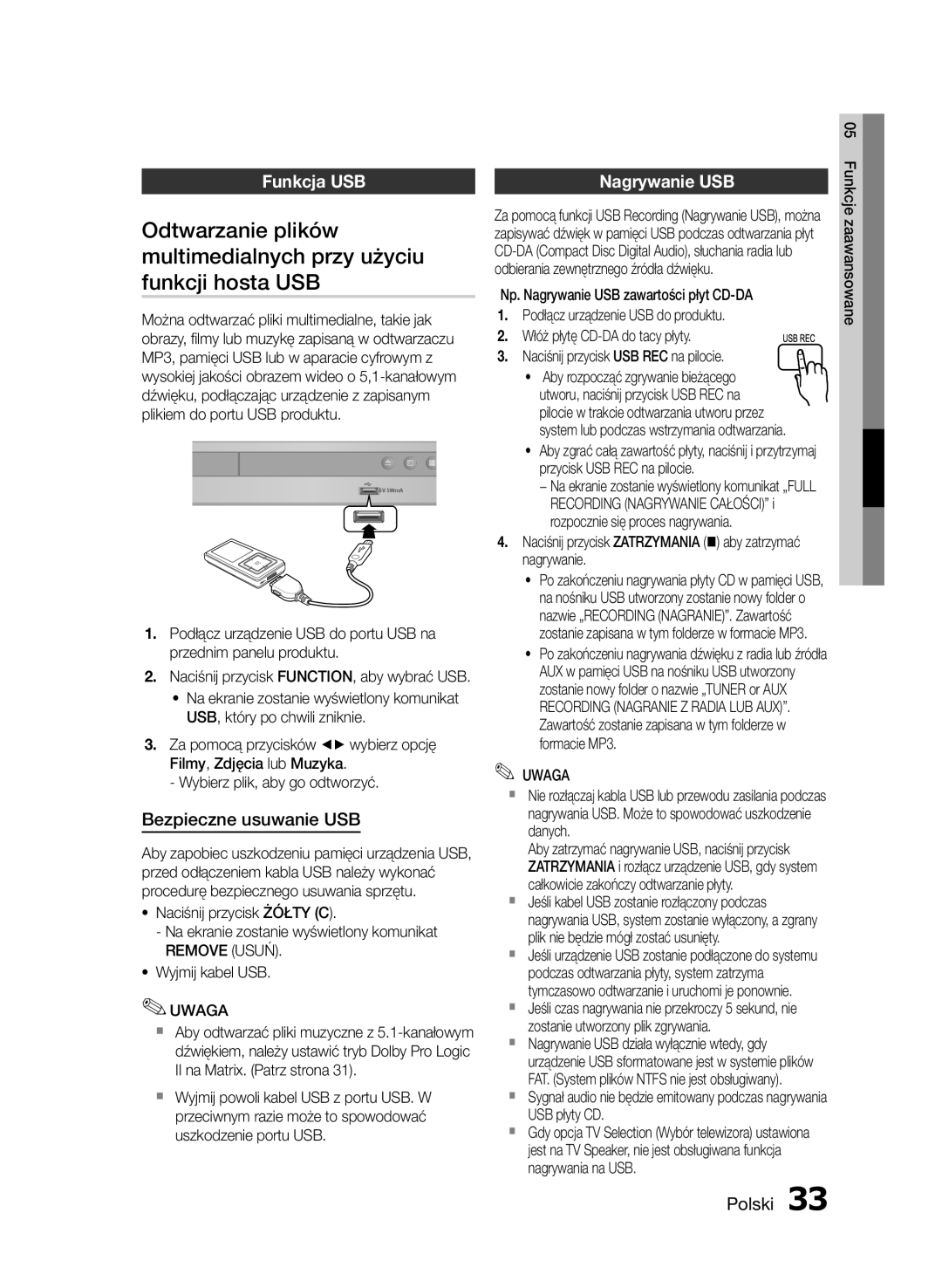 Samsung HT-E350/EN manual Odtwarzanie plików, Multimedialnych przy użyciu, Funkcji hosta USB, Funkcja USB Nagrywanie USB 