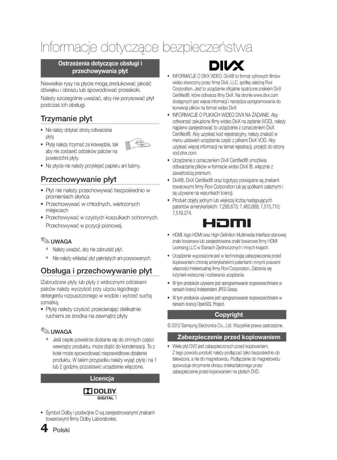 Samsung HT-E355/EN, HT-E350/EN manual Trzymanie płyt, Przechowywanie płyt, Obsługa i przechowywanie płyt 