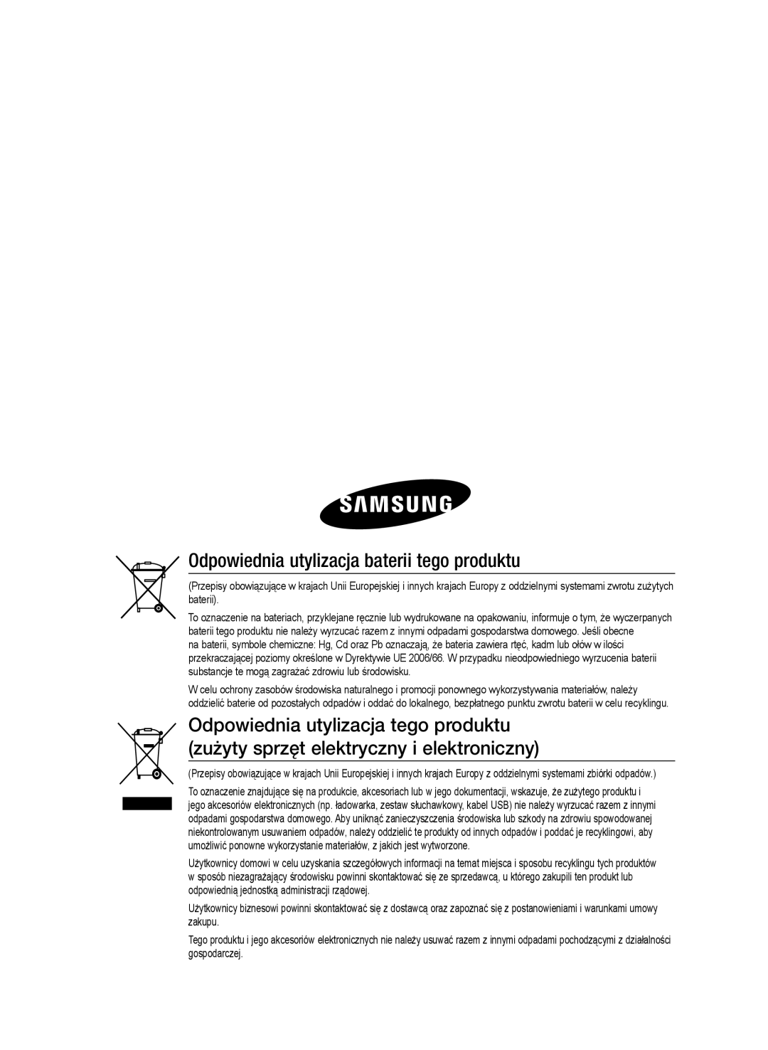 Samsung HT-E350/EN, HT-E355/EN manual Odpowiednia utylizacja baterii tego produktu 