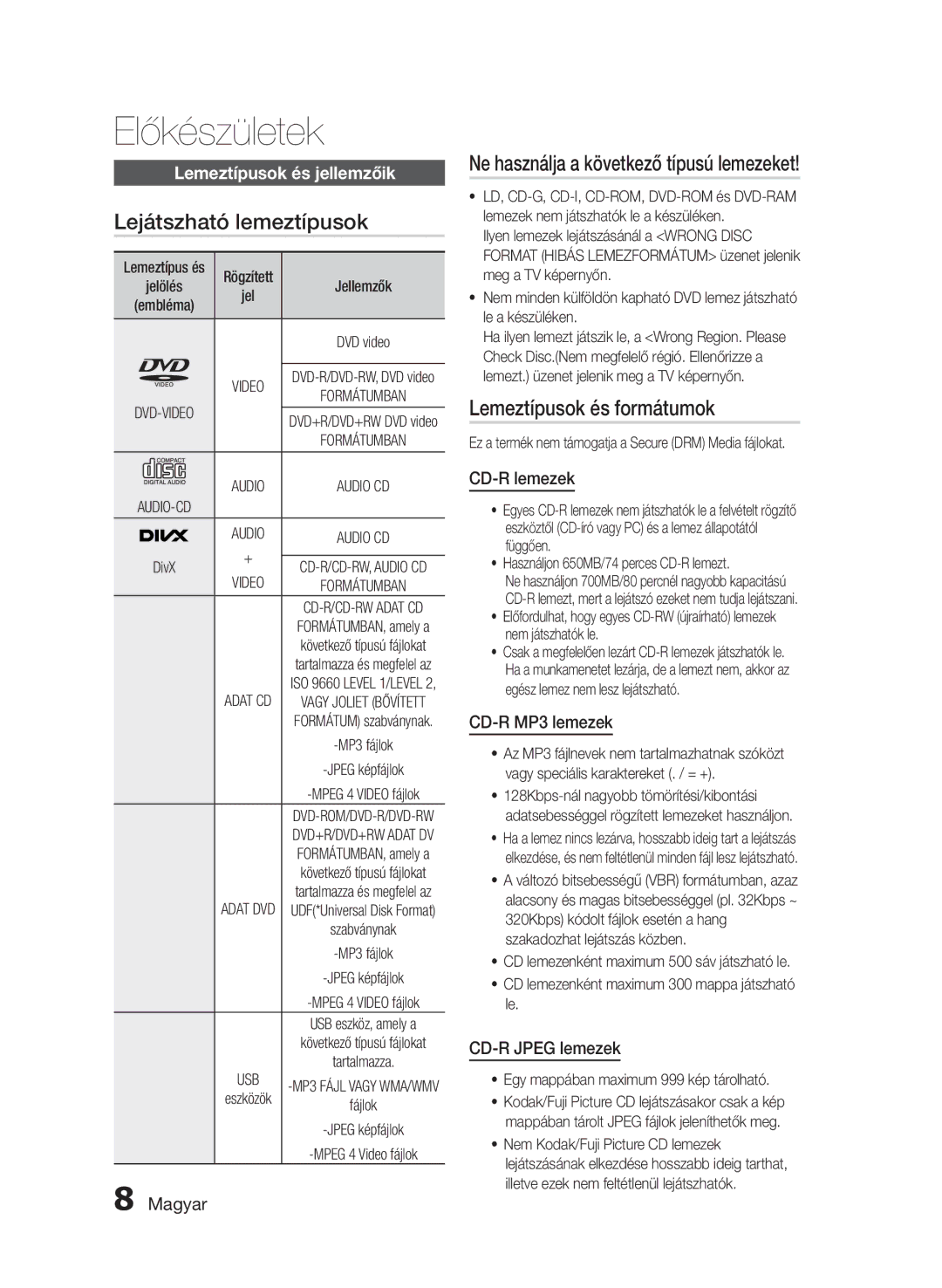 Samsung HT-E350/EN Lejátszható lemeztípusok, Lemeztípusok és formátumok, CD-R lemezek, CD-R MP3 lemezek, CD-R Jpeg lemezek 