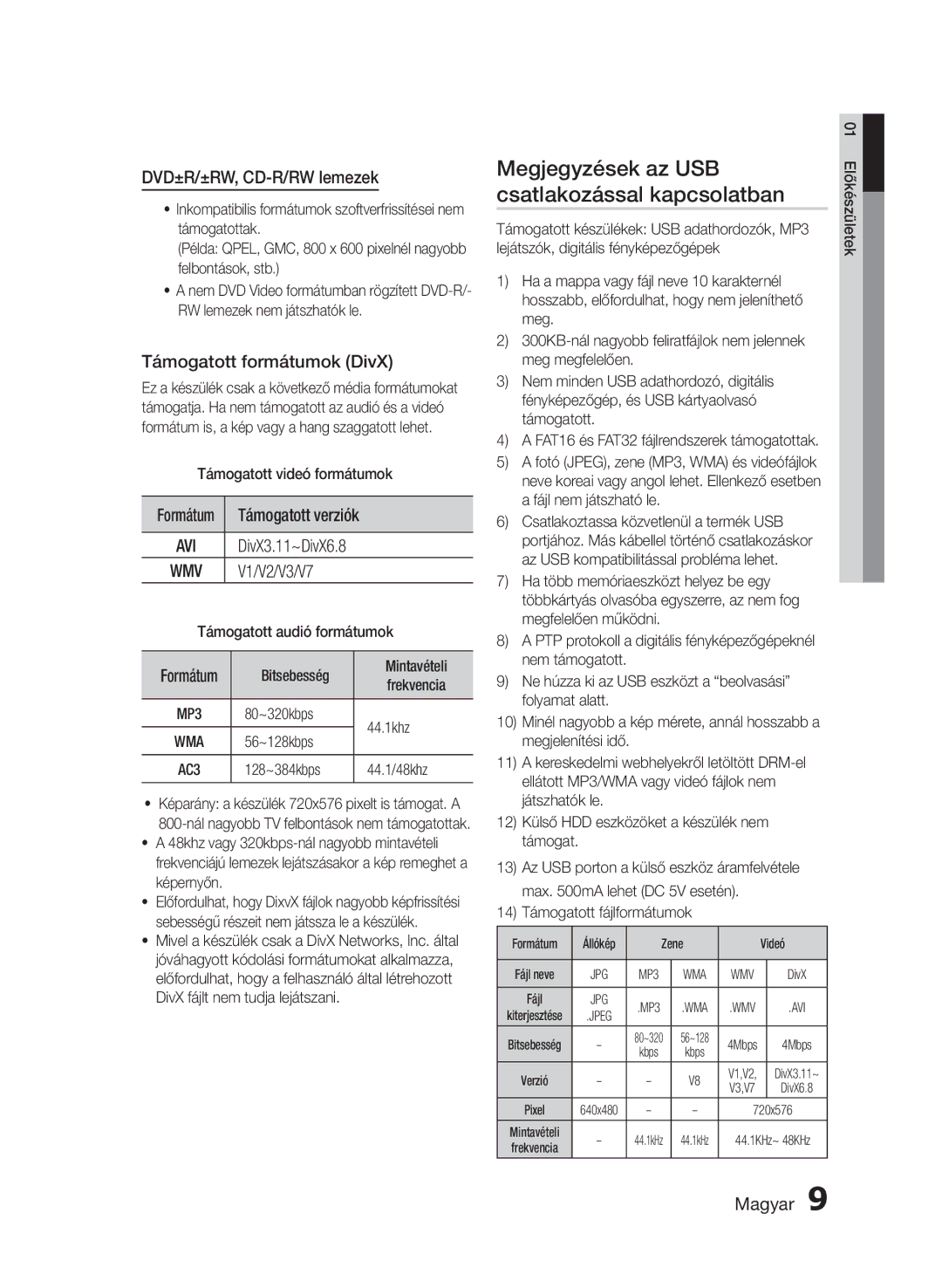 Samsung HT-E355/EN Megjegyzések az USB csatlakozással kapcsolatban, DVD±R/±RW, CD-R/RW lemezek, Támogatott formátumok DivX 