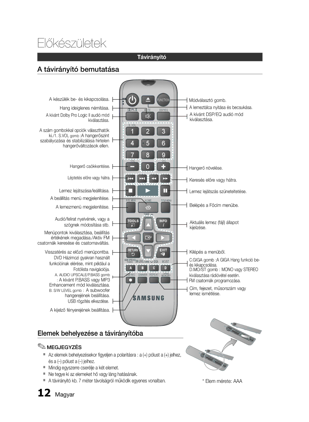 Samsung HT-E350/EN, HT-E355/EN manual Távirányító bemutatása, Elemek behelyezése a távirányítóba 